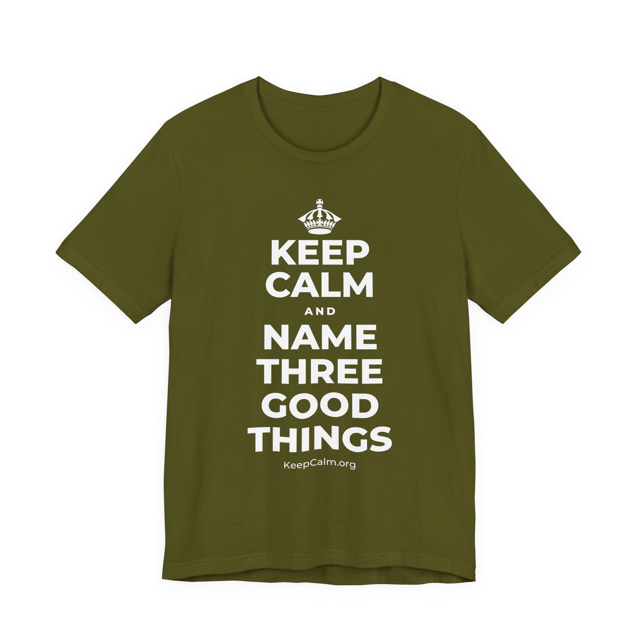 KEEP CALM AND NAME THREE GOOD THINGS T-Shirt (Baby Blue–Silver)