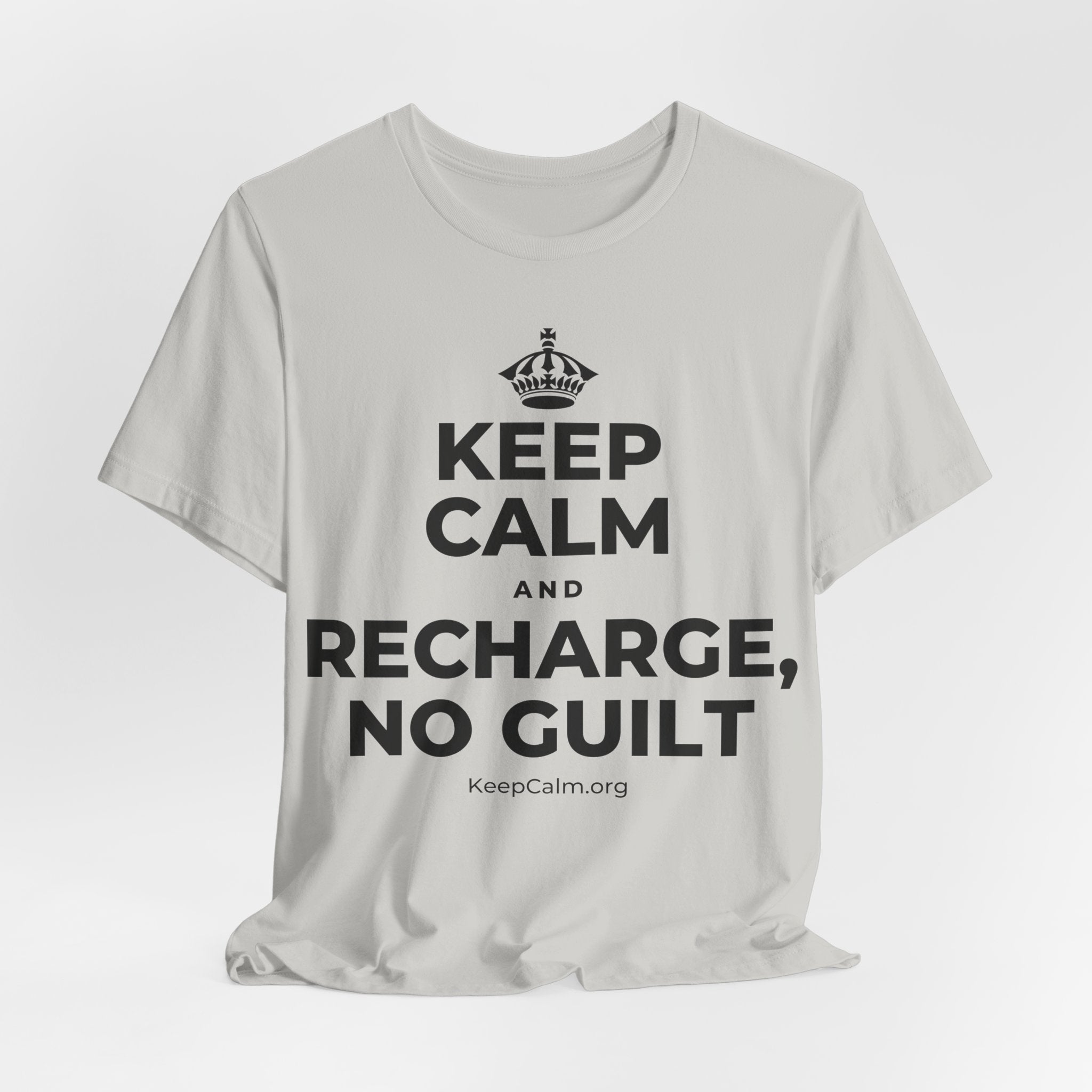 KEEP CALM AND RECHARGE, NO GUILT T-Shirt (Baby Blue–Silver)