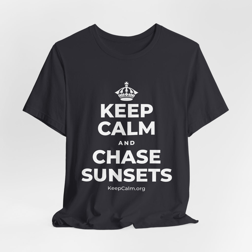 KEEP CALM AND CHASE SUNSETS T-Shirt (Baby Blue–Silver)