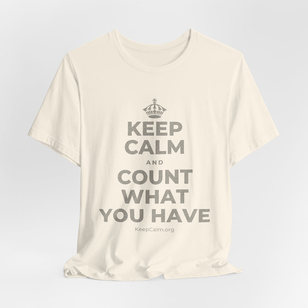 KEEP CALM AND COUNT WHAT YOU HAVE T-Shirt (White–Asphalt)