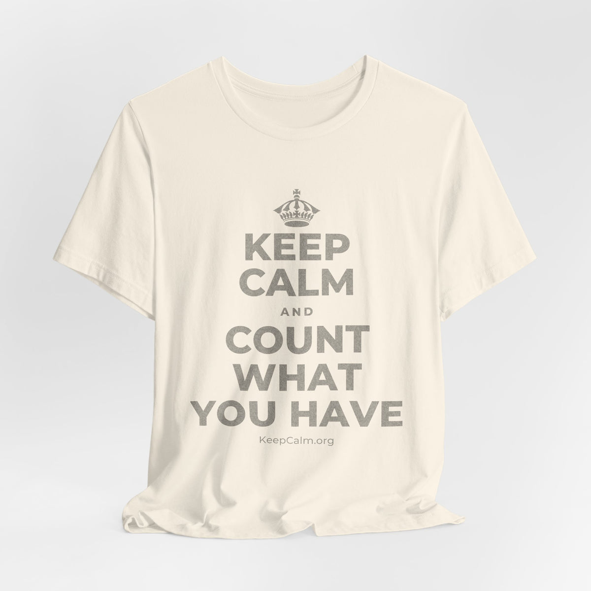 KEEP CALM AND COUNT WHAT YOU HAVE T-Shirt (White–Asphalt)