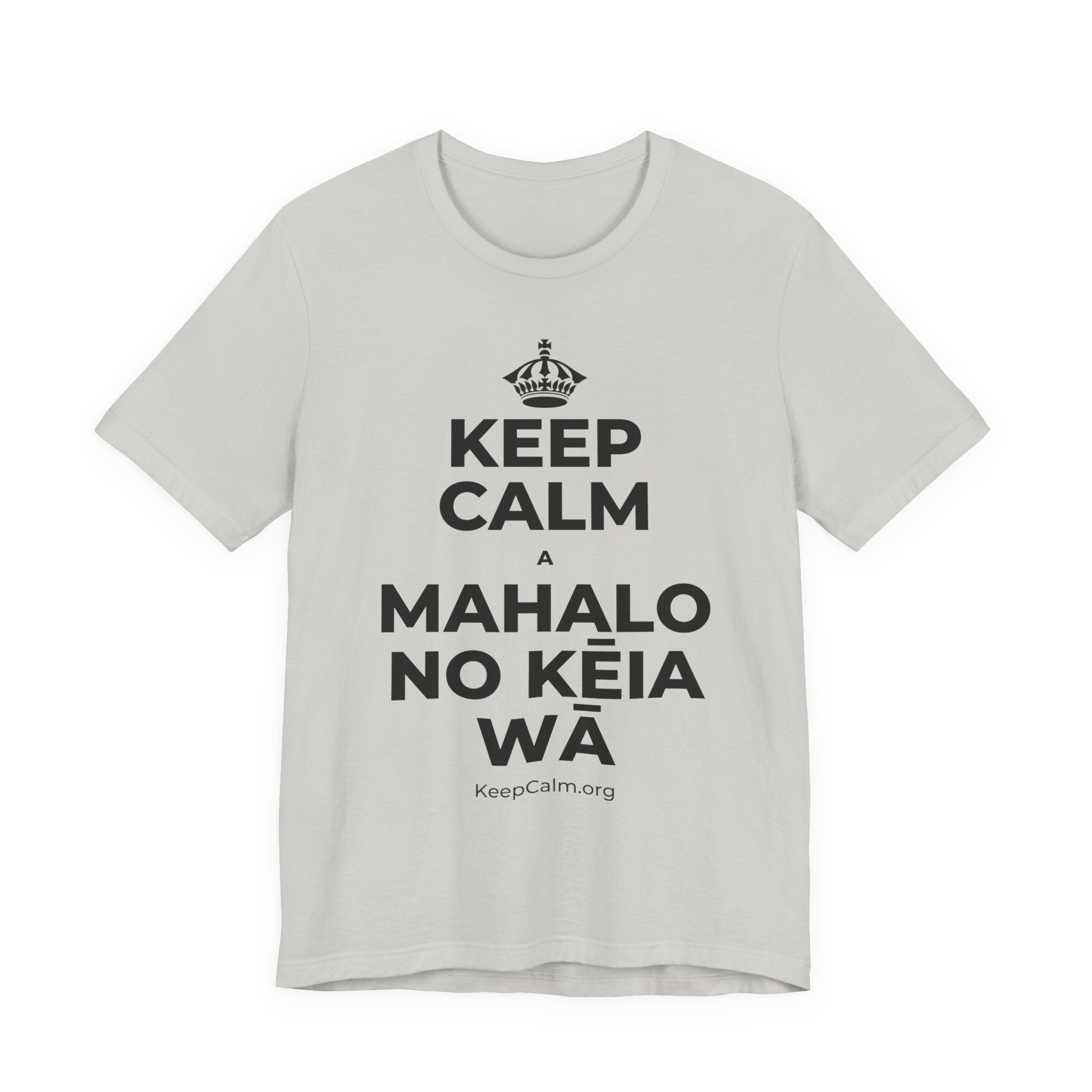 KEEP CALM A MAHALO NO KĒIA WĀ T-Shirt (Baby Blue–Silver)
