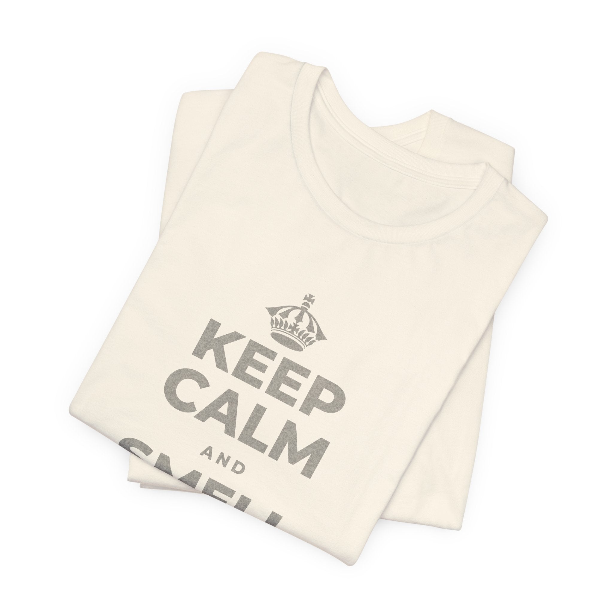 KEEP CALM AND SMELL THE FRESH AIR T-Shirt (White–Asphalt)