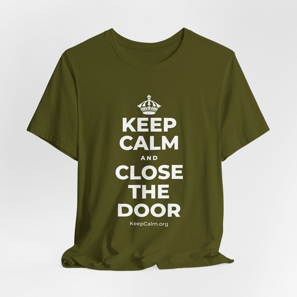 KEEP CALM AND CLOSE THE DOOR T-Shirt (Baby Blue–Silver)
