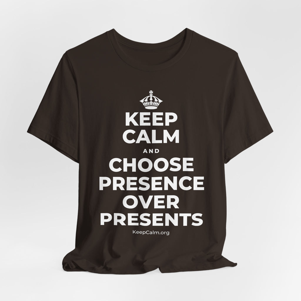 KEEP CALM AND CHOOSE PRESENCE OVER PRESENTS T-Shirt (Soft Cream–Heather Mauve)