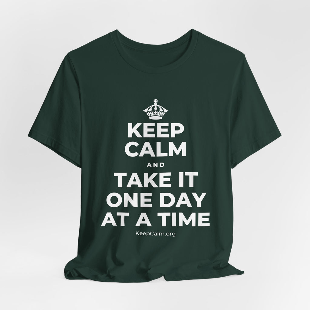 KEEP CALM AND TAKE IT ONE DAY AT A TIME T-Shirt (White–Asphalt)