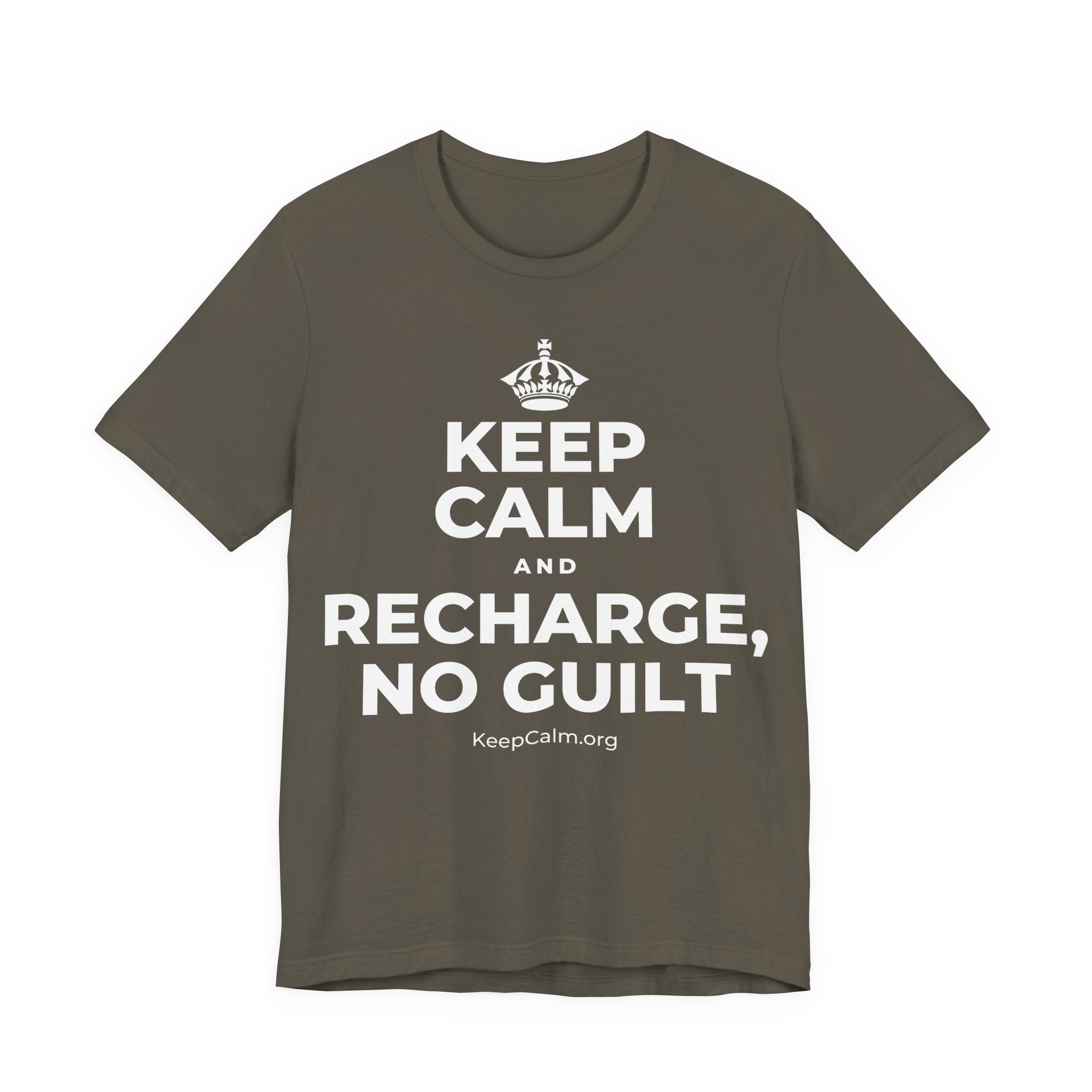 KEEP CALM AND RECHARGE, NO GUILT T-Shirt (White–Asphalt)