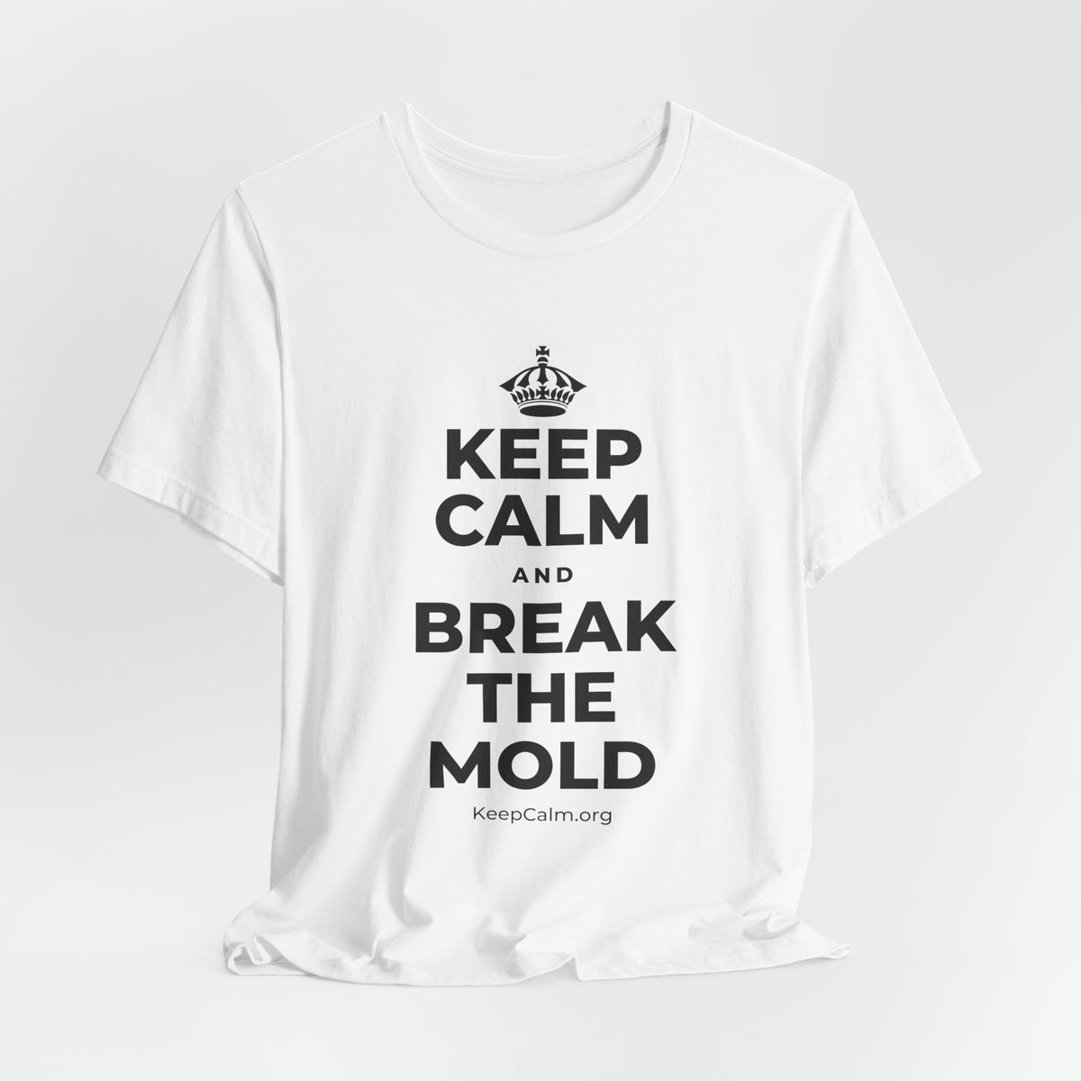 KEEP CALM AND BREAK THE MOLD T-Shirt (White–Asphalt)