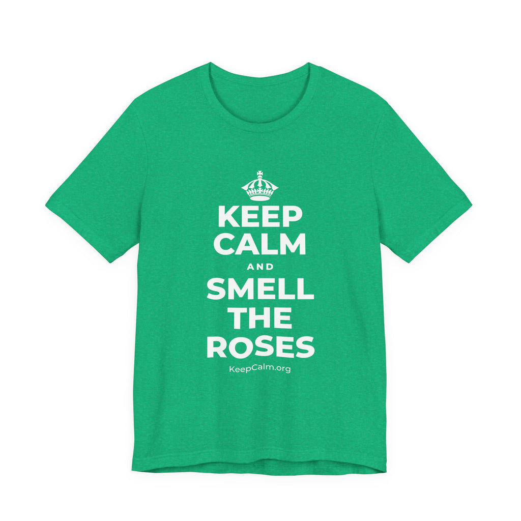 KEEP CALM AND SMELL THE ROSES T-Shirt (Baby Blue–Silver)