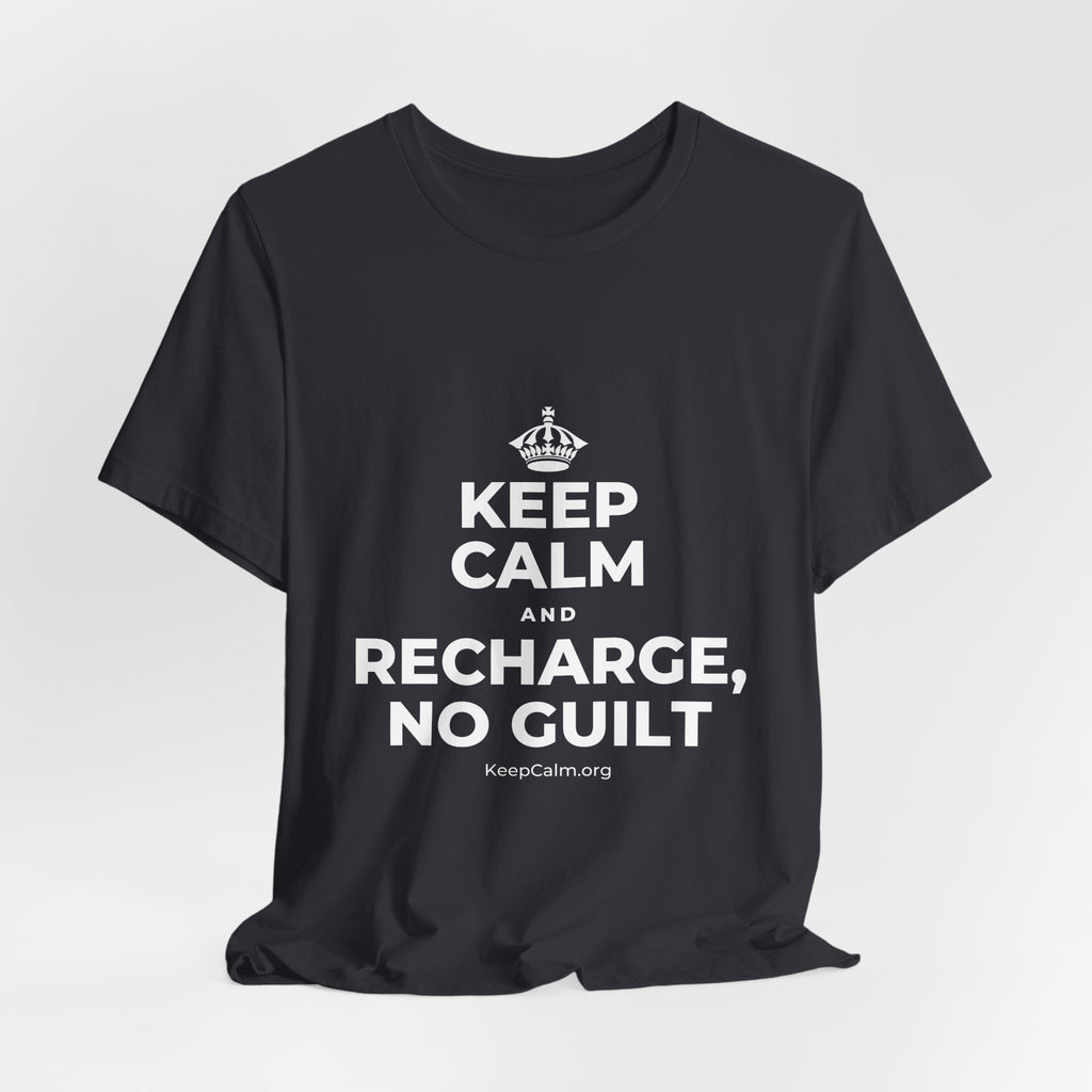 KEEP CALM AND RECHARGE, NO GUILT T-Shirt (Baby Blue–Silver)