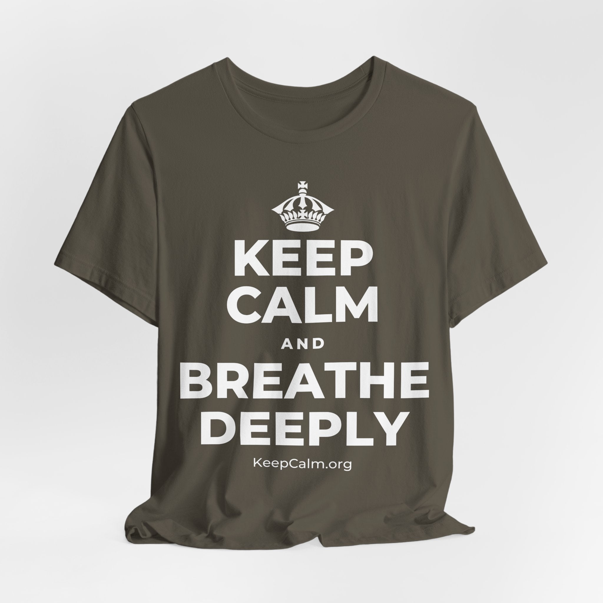 KEEP CALM AND BREATHE DEEPLY T-Shirt (White–Asphalt)