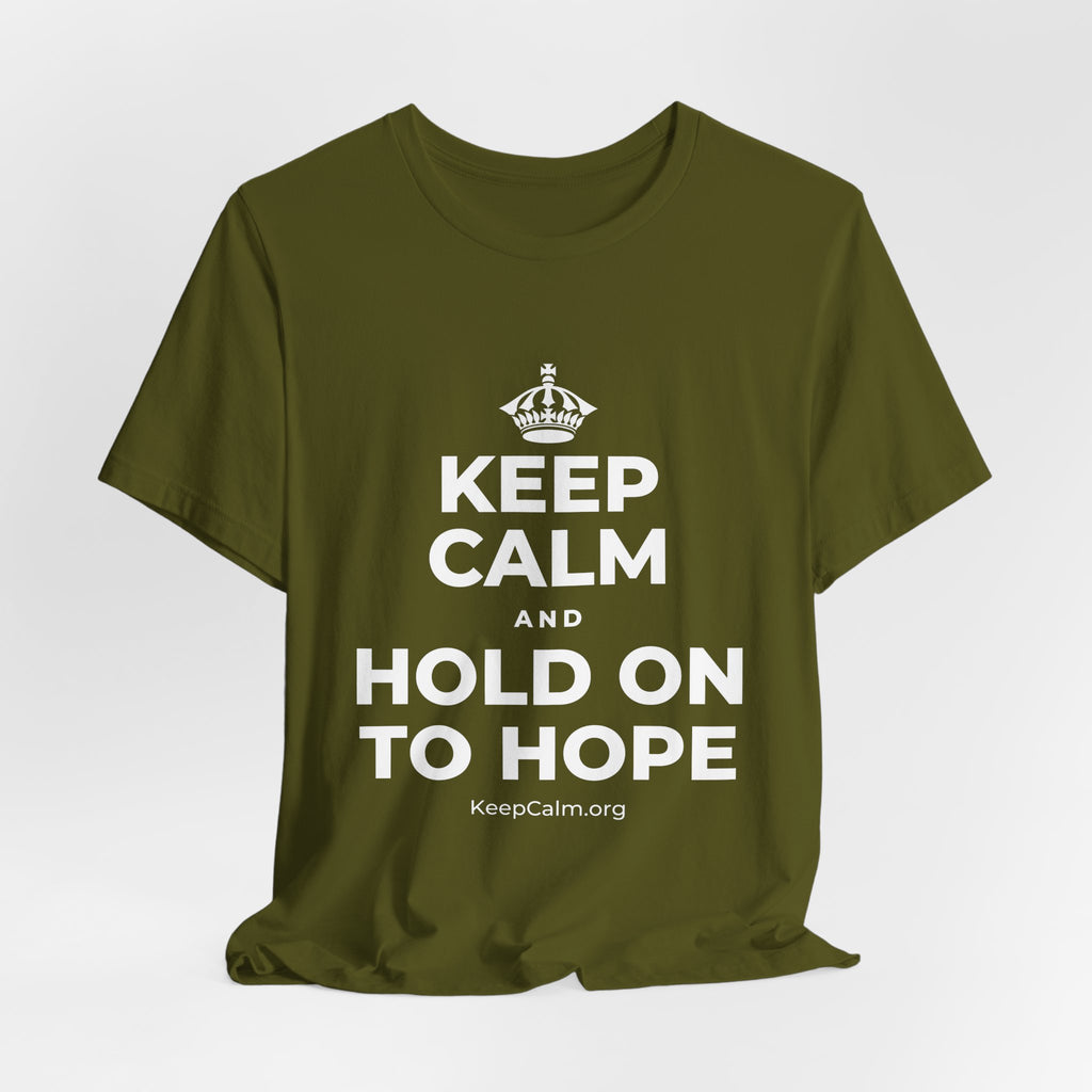 KEEP CALM AND HOLD ON TO HOPE T-Shirt (Baby Blue–Silver)