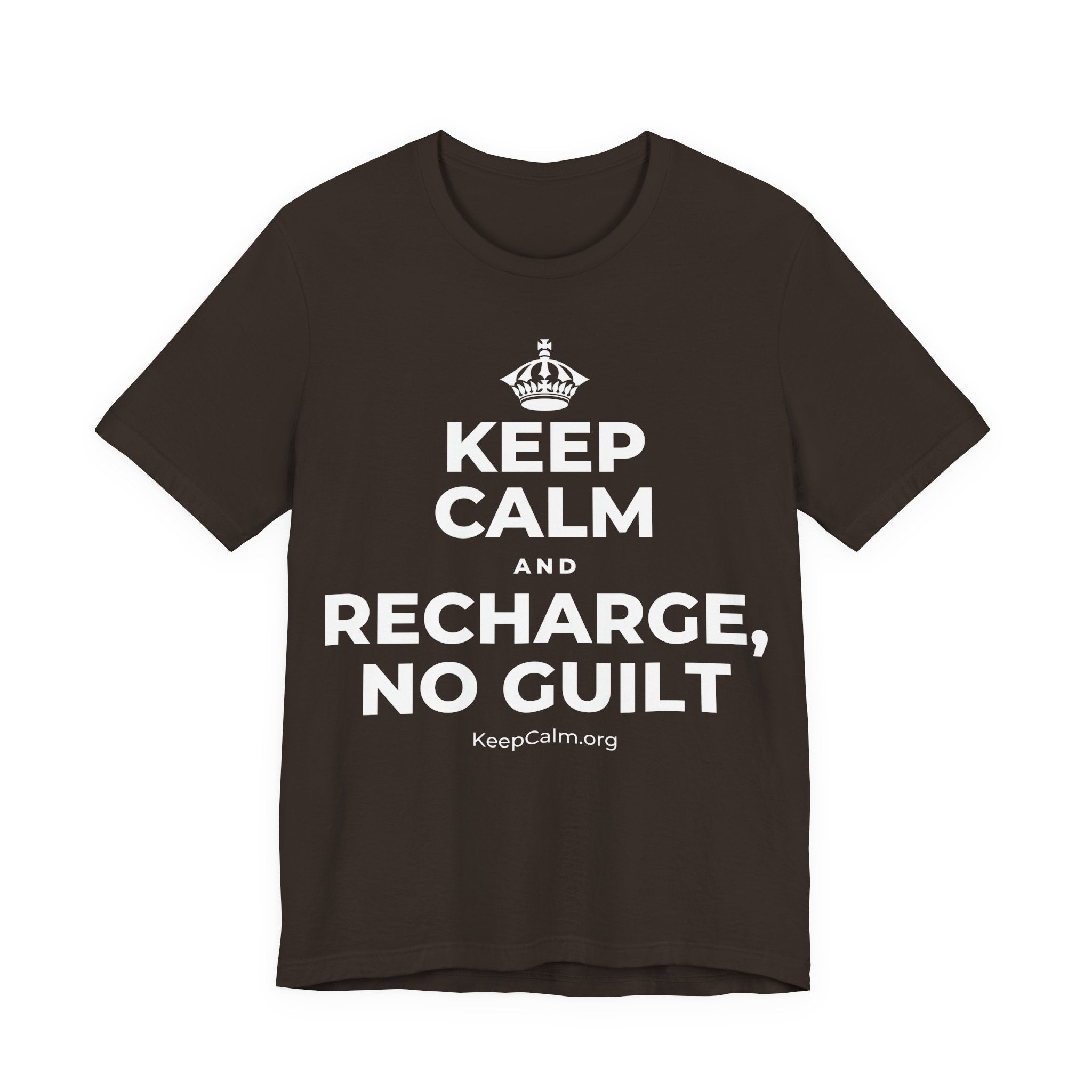 KEEP CALM AND RECHARGE, NO GUILT T-Shirt (Soft Cream–Heather Mauve)