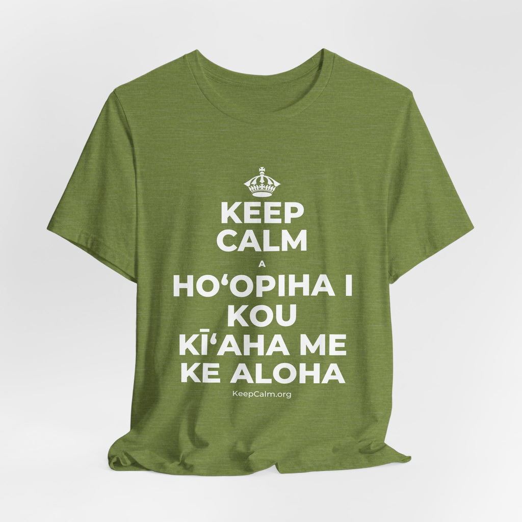 KEEP CALM A HOʻOPIHA I KOU KĪʻAHA ME KE ALOHA T-Shirt (Baby Blue–Silver)