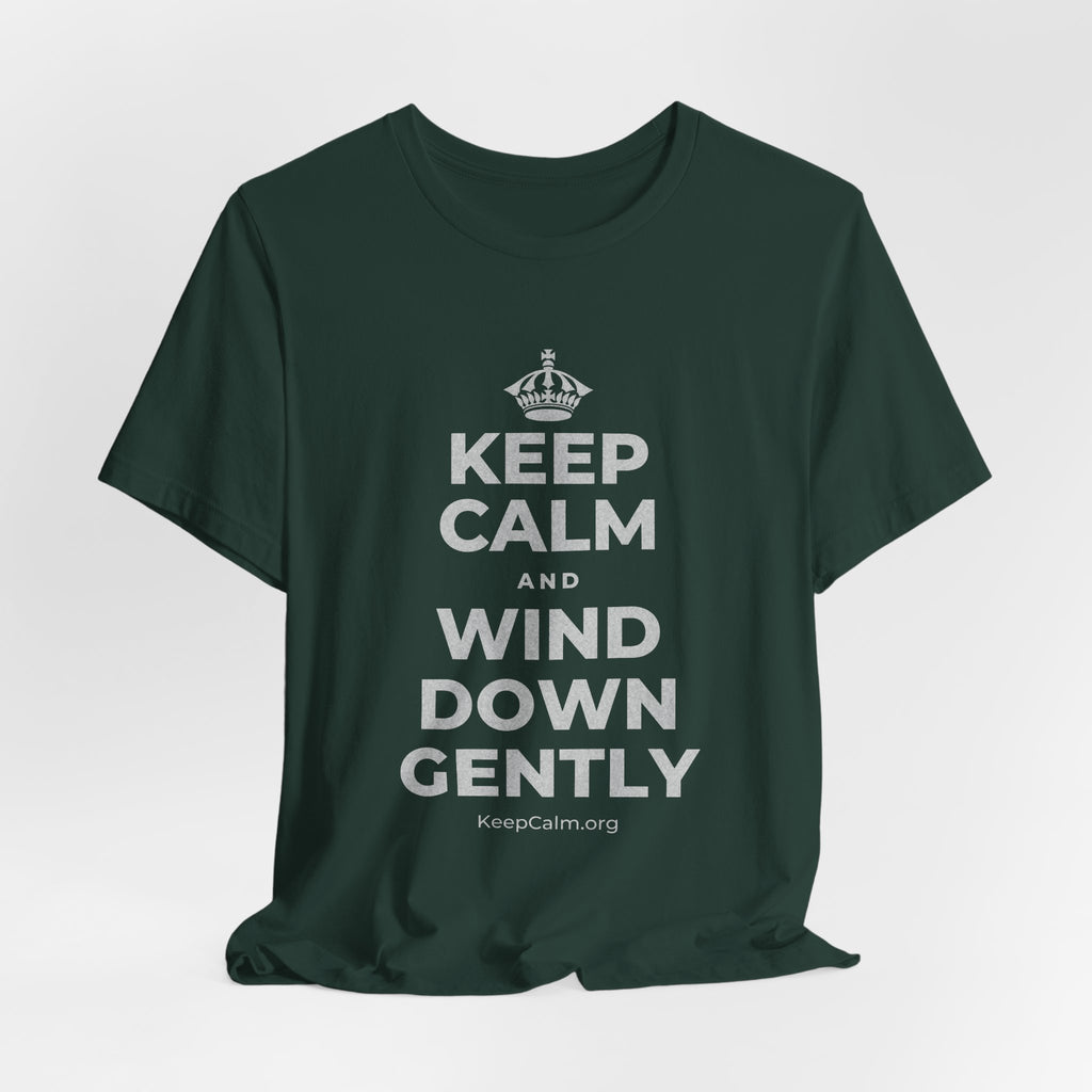 KEEP CALM AND WIND DOWN GENTLY T-Shirt (White–Asphalt)