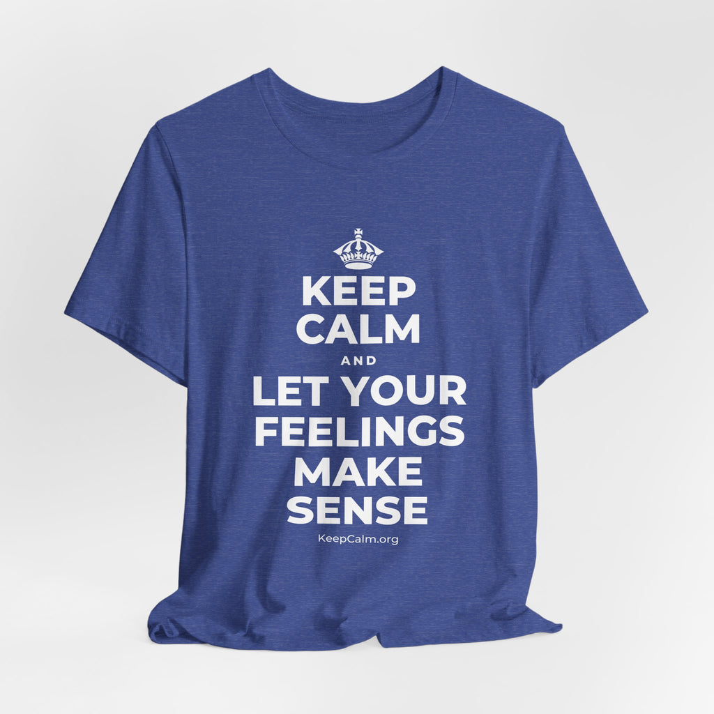 KEEP CALM AND LET YOUR FEELINGS MAKE SENSE T-Shirt (Baby Blue–Silver)