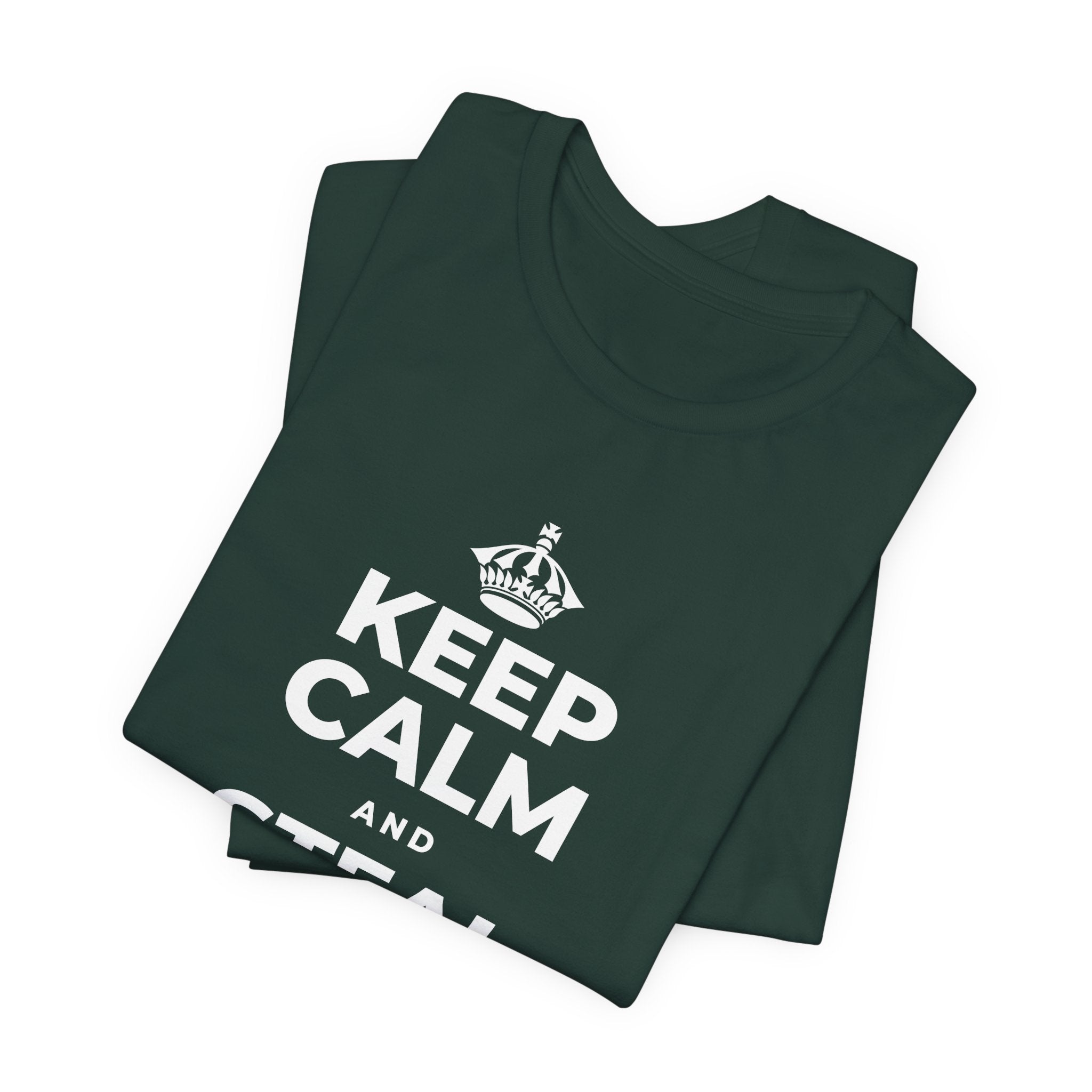 KEEP CALM AND STEAL THE SHOW T-Shirt (White–Asphalt)