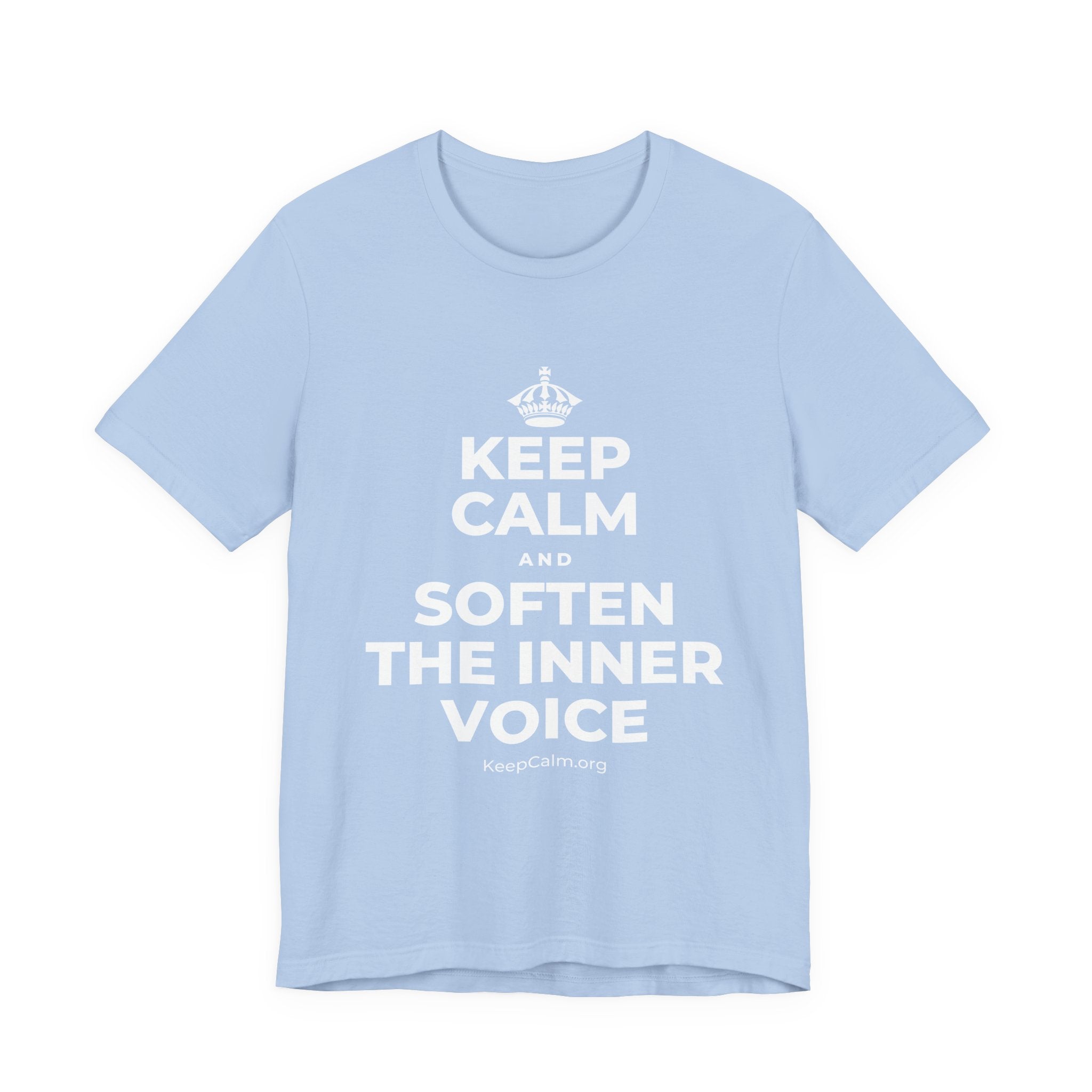 KEEP CALM AND SOFTEN THE INNER VOICE T-Shirt (Baby Blue–Silver)