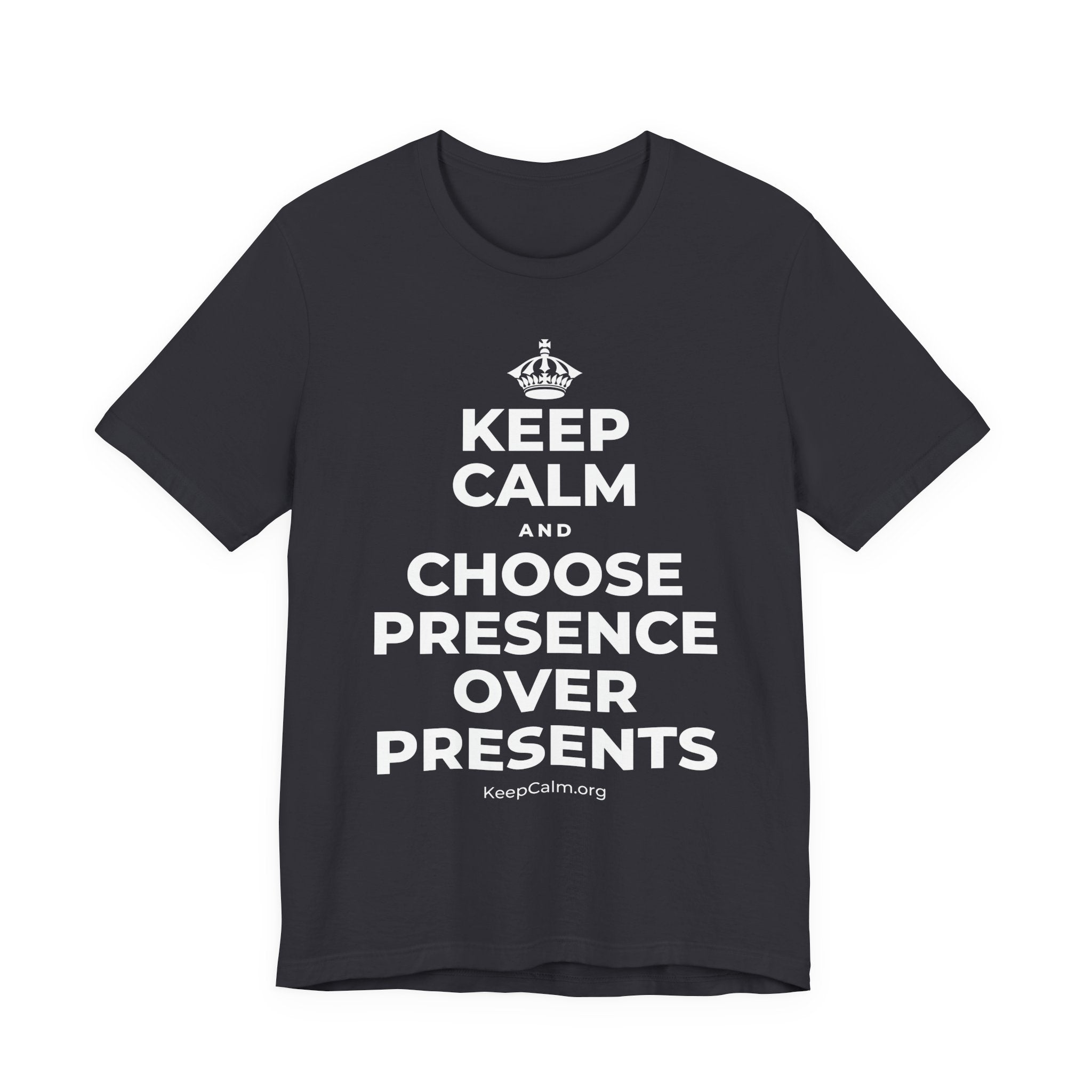 KEEP CALM AND CHOOSE PRESENCE OVER PRESENTS T-Shirt (Baby Blue–Silver)