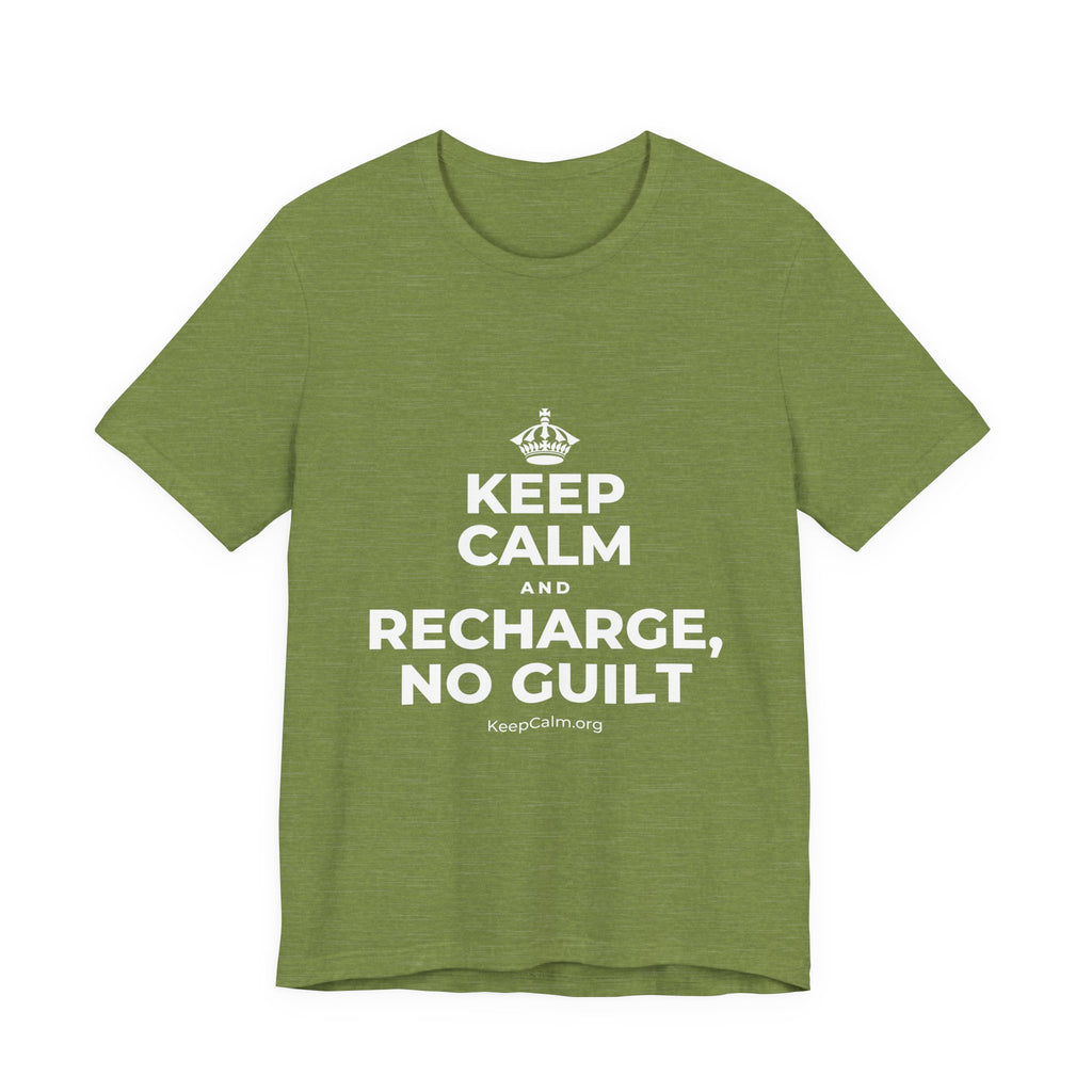 KEEP CALM AND RECHARGE, NO GUILT T-Shirt (Baby Blue–Silver)