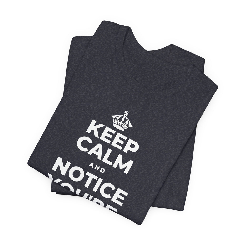 KEEP CALM AND NOTICE YOU'RE SAFE RIGHT NOW T-Shirt (White–Asphalt)
