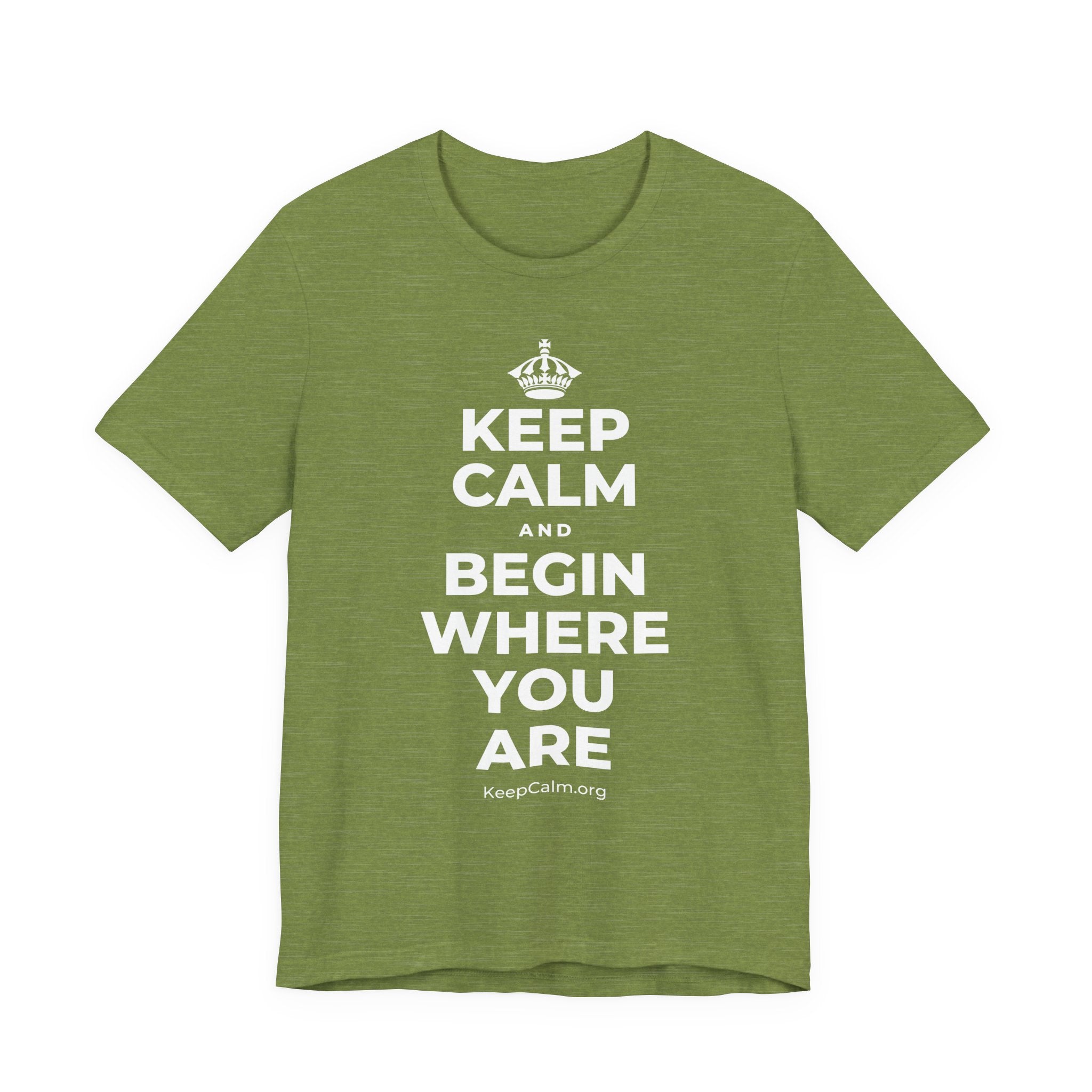 KEEP CALM AND BEGIN WHERE YOU ARE T-Shirt (Baby Blue–Silver)