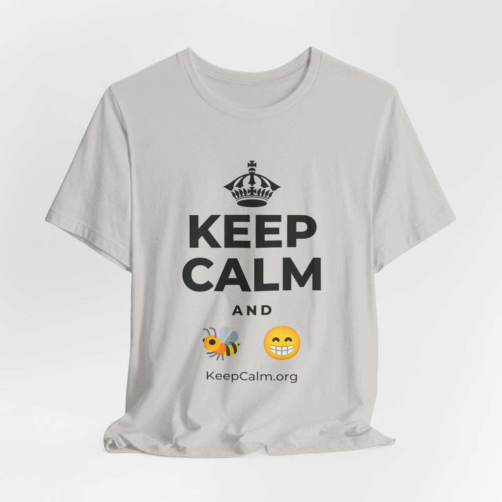KEEP CALM AND BEE HAPPY T-Shirt (Baby Blue–Silver)