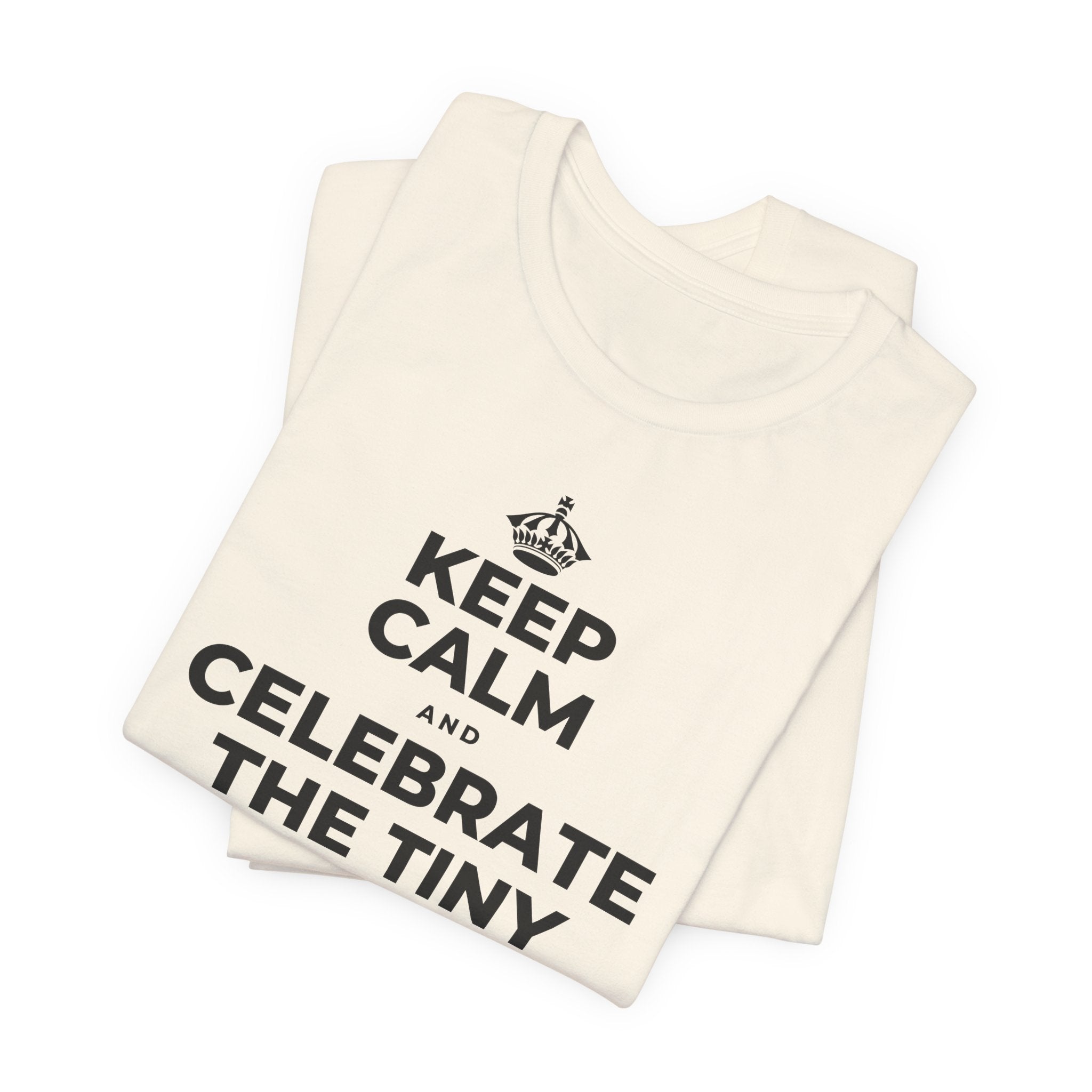 KEEP CALM AND CELEBRATE THE TINY VICTORIES EVERY SINGLE DAY T-Shirt (White–Asphalt)