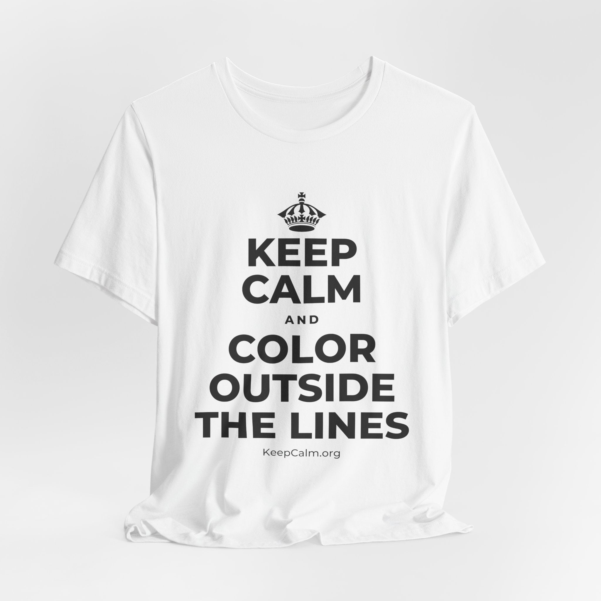 KEEP CALM AND COLOR OUTSIDE THE LINES T-Shirt (White–Asphalt)