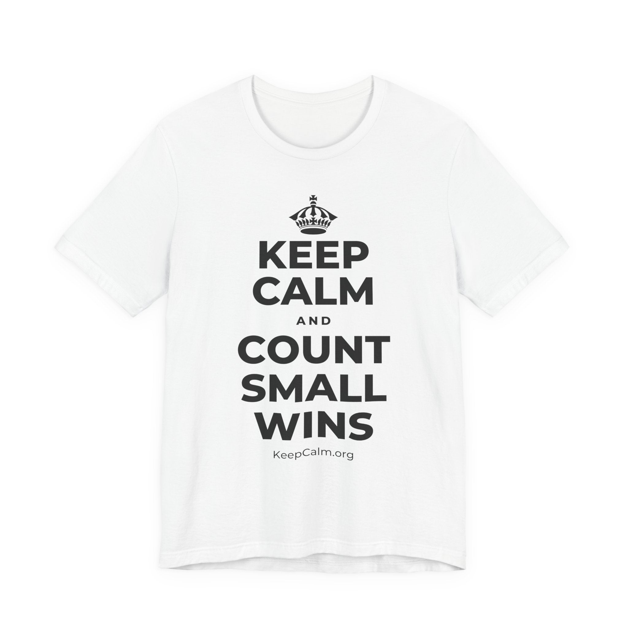 KEEP CALM AND COUNT SMALL WINS T-Shirt (White–Asphalt)