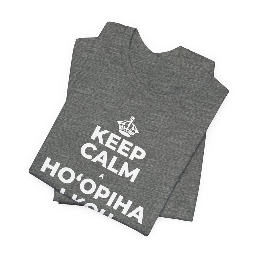 KEEP CALM A HOʻOPIHA I KOU KĪʻAHA ME KE ALOHA T-Shirt (Baby Blue–Silver)