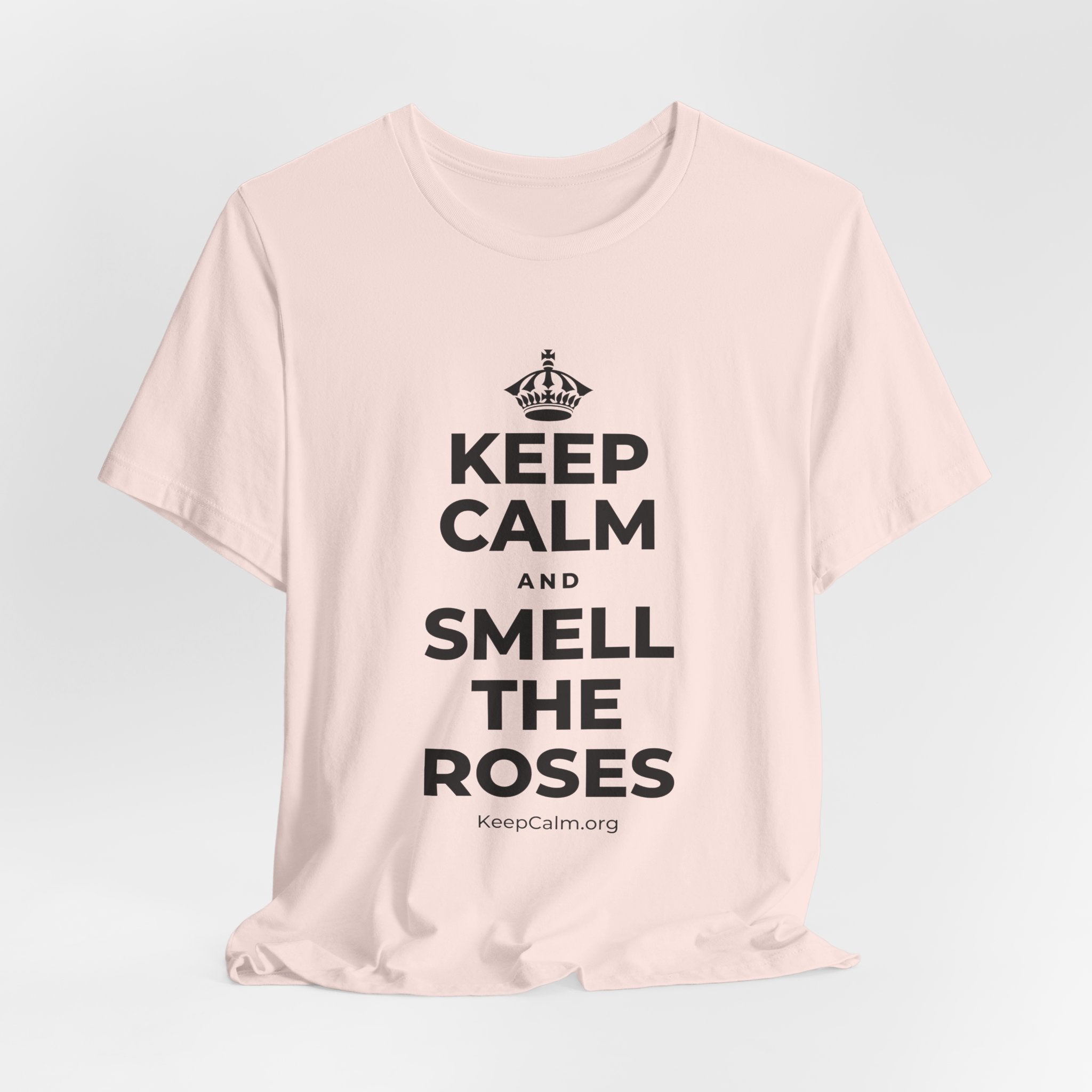 KEEP CALM AND SMELL THE ROSES T-Shirt (Soft Cream–Heather Mauve)