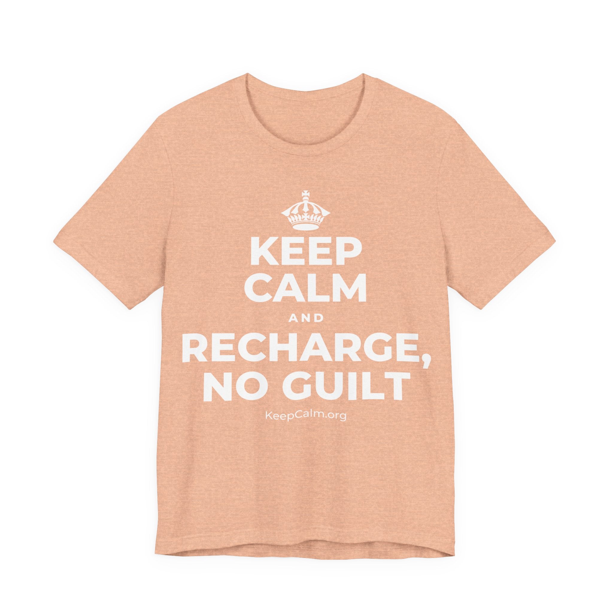 KEEP CALM AND RECHARGE, NO GUILT T-Shirt (Soft Cream–Heather Mauve)