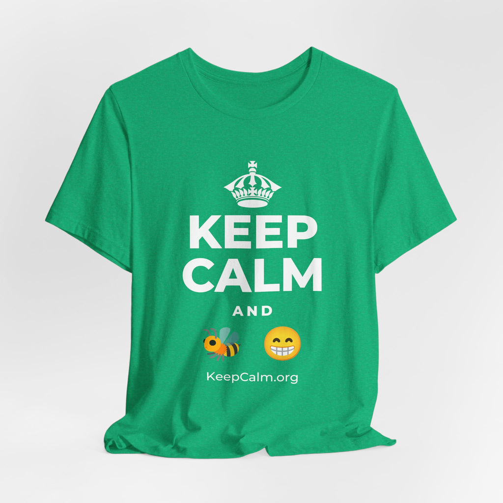 KEEP CALM AND BEE HAPPY T-Shirt (Baby Blue–Silver)