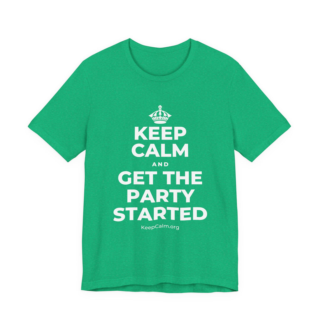 KEEP CALM AND GET THE PARTY STARTED T-Shirt (Baby Blue–Silver)