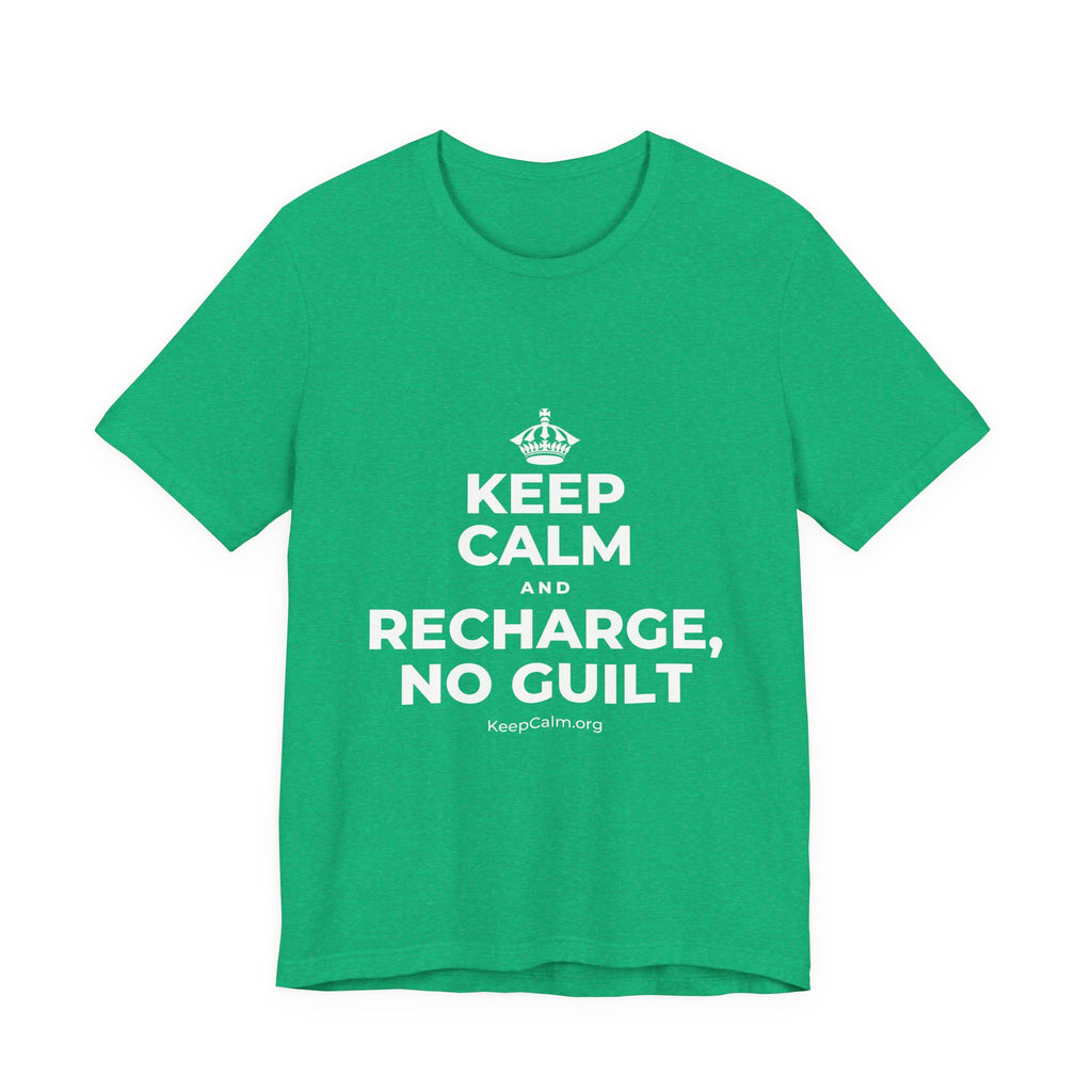 KEEP CALM AND RECHARGE, NO GUILT T-Shirt (Baby Blue–Silver)