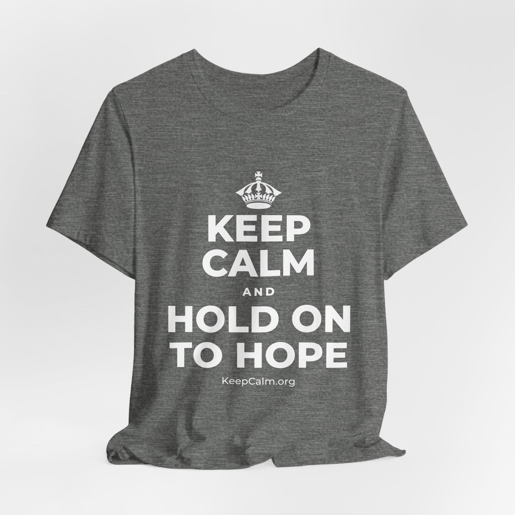 KEEP CALM AND HOLD ON TO HOPE T-Shirt (Baby Blue–Silver)