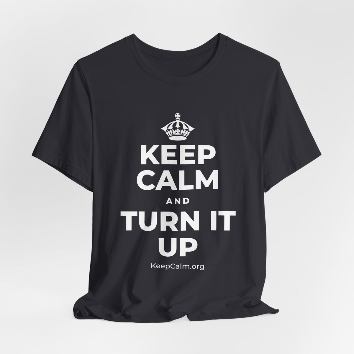 KEEP CALM AND TURN IT UP T-Shirt (Baby Blue–Silver)