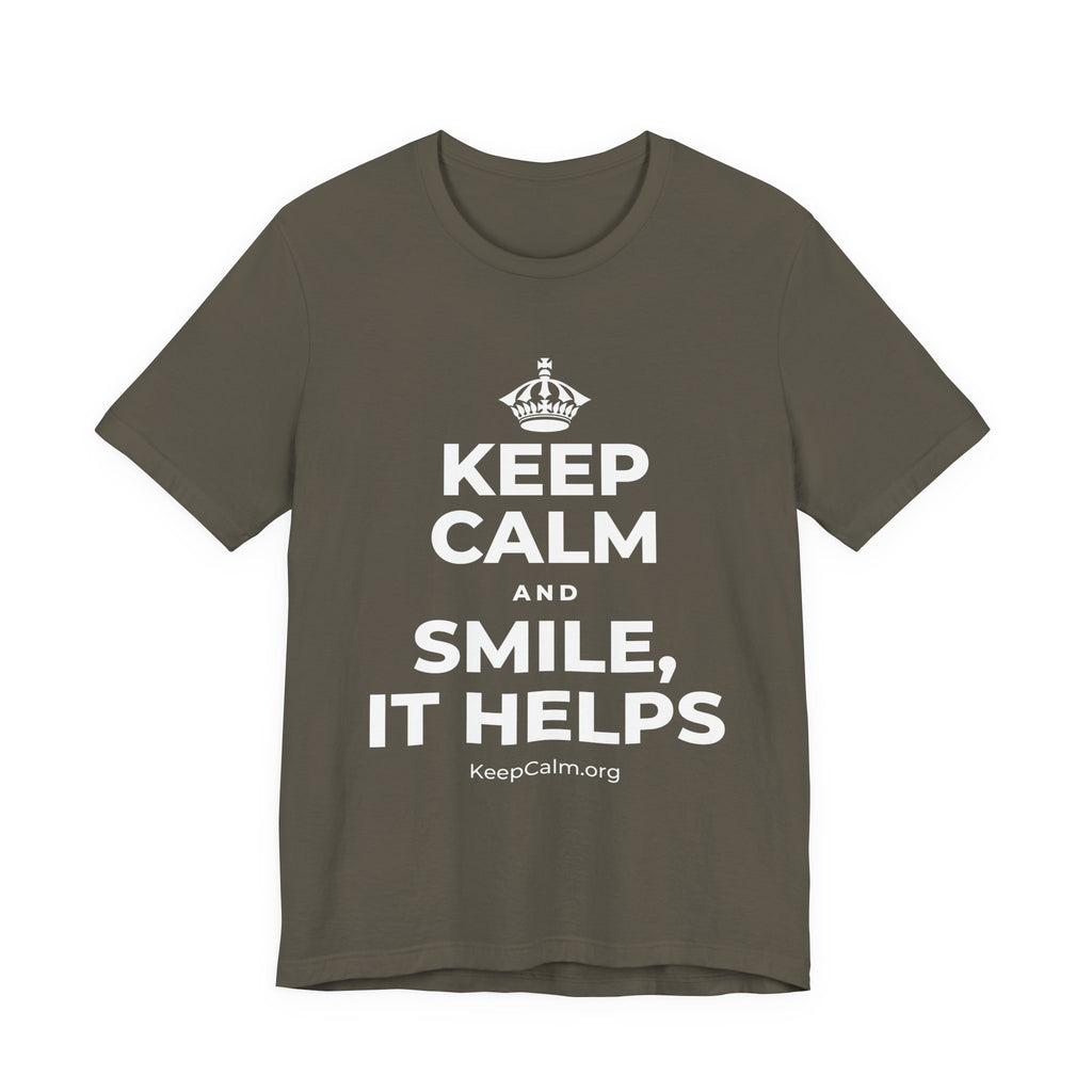 KEEP CALM AND SMILE, IT HELPS T-Shirt (White–Asphalt)