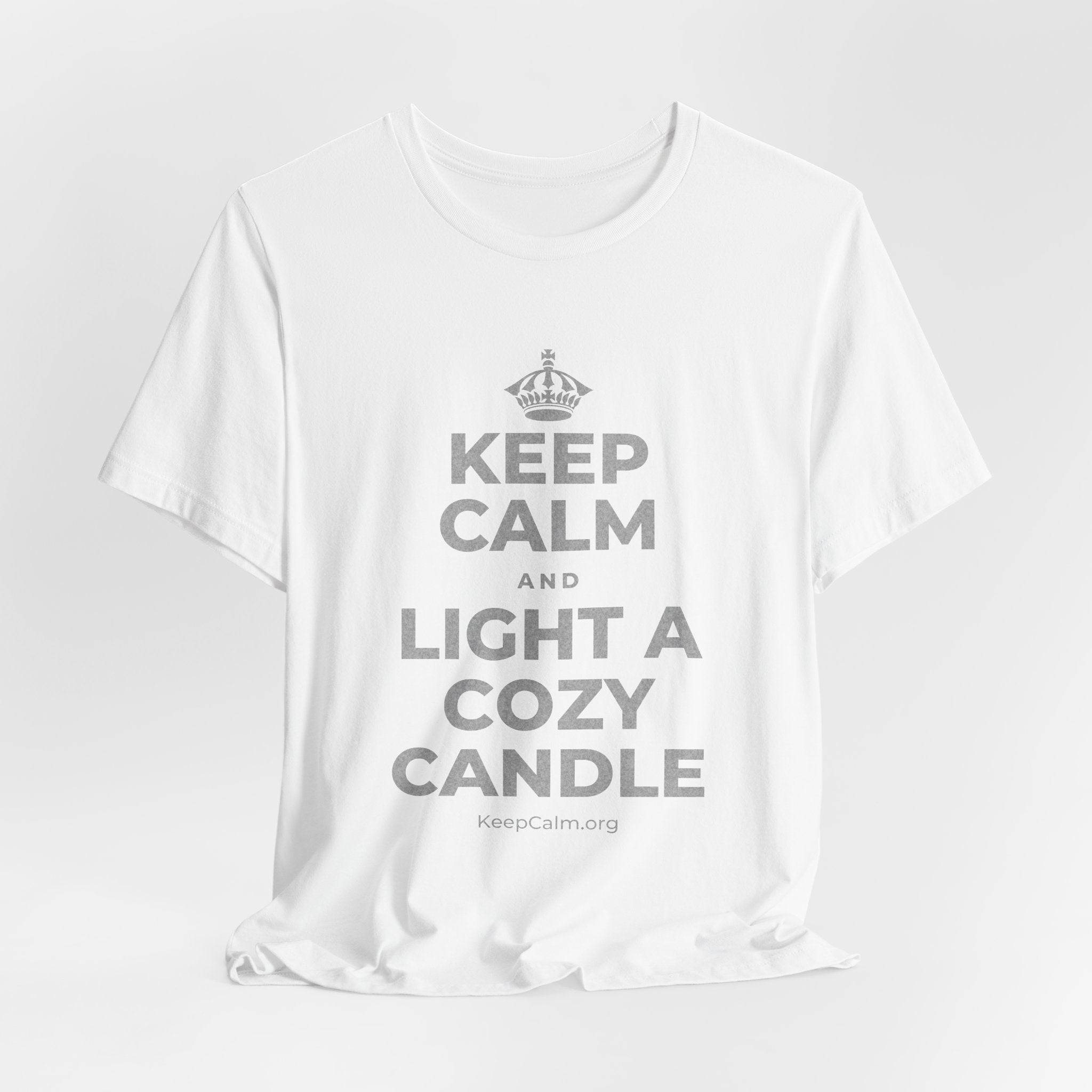 KEEP CALM AND LIGHT A COZY CANDLE T-Shirt (White–Asphalt)