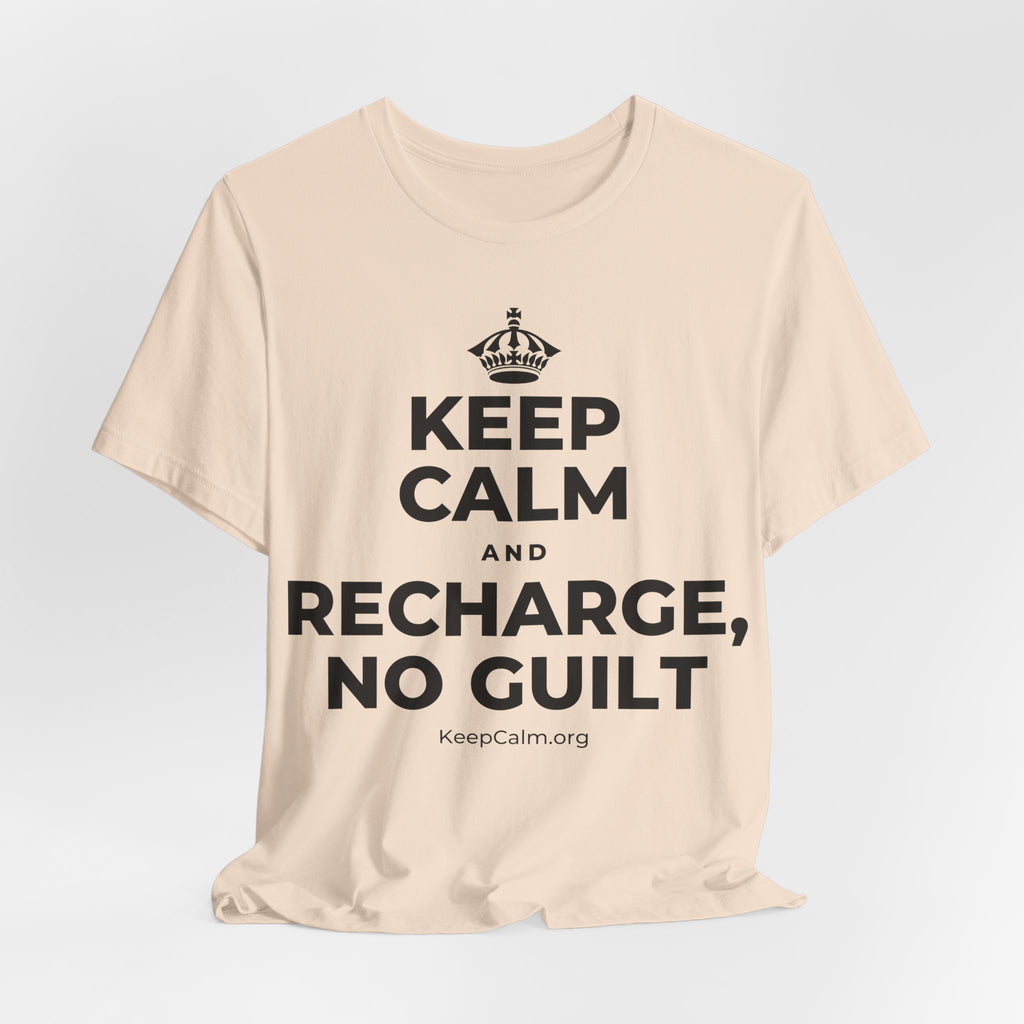 KEEP CALM AND RECHARGE, NO GUILT T-Shirt (Soft Cream–Heather Mauve)