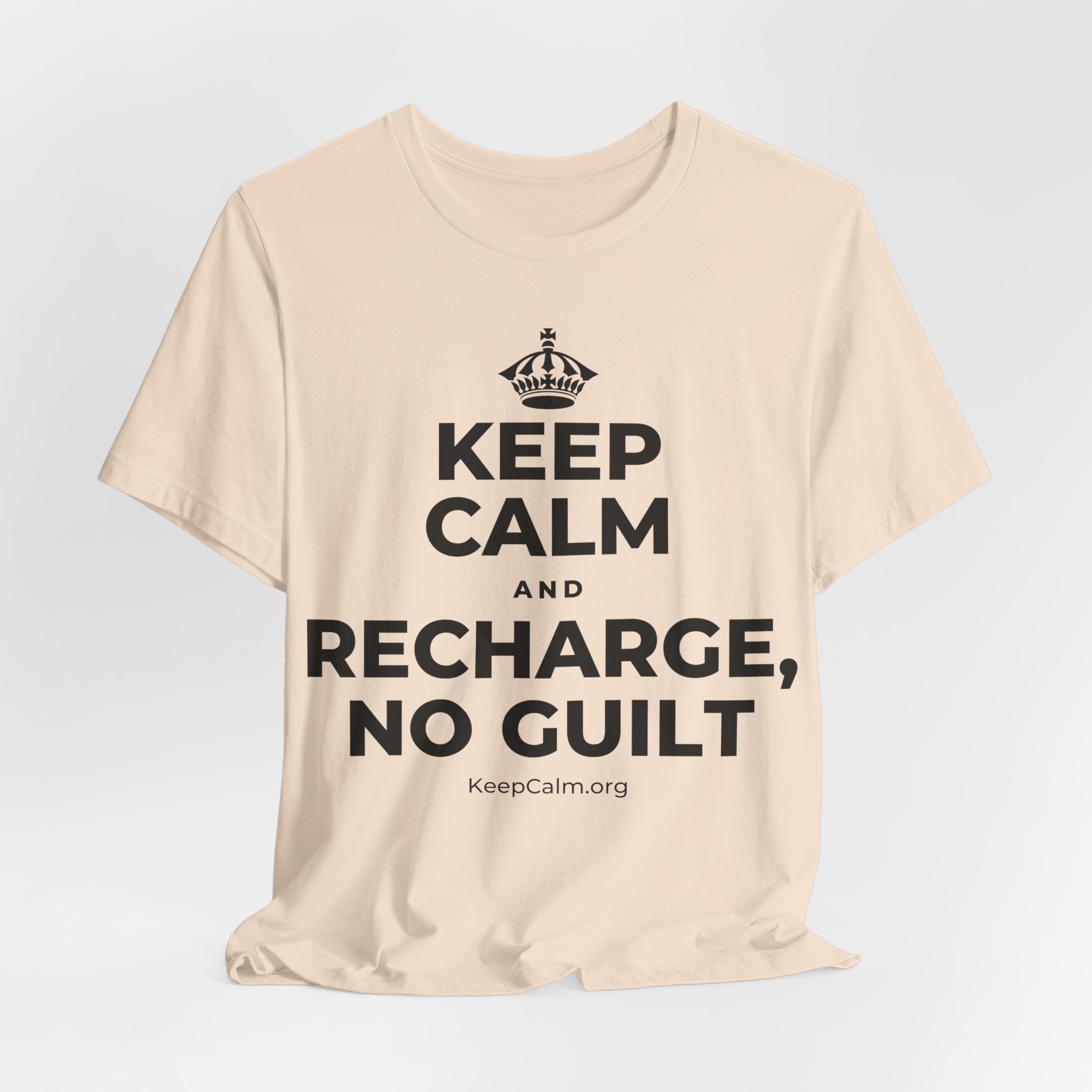 KEEP CALM AND RECHARGE, NO GUILT T-Shirt (Soft Cream–Heather Mauve)