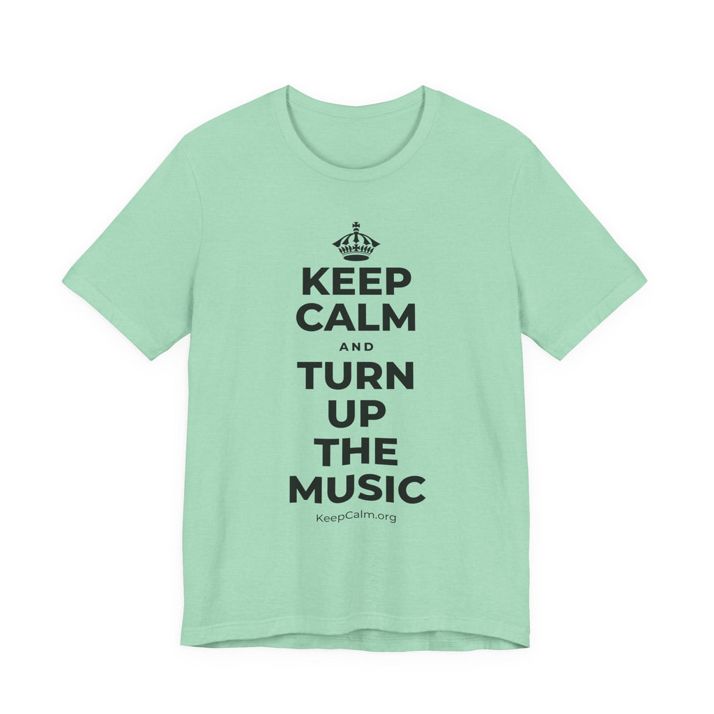 KEEP CALM AND TURN UP THE MUSIC T-Shirt (Baby Blue–Silver)