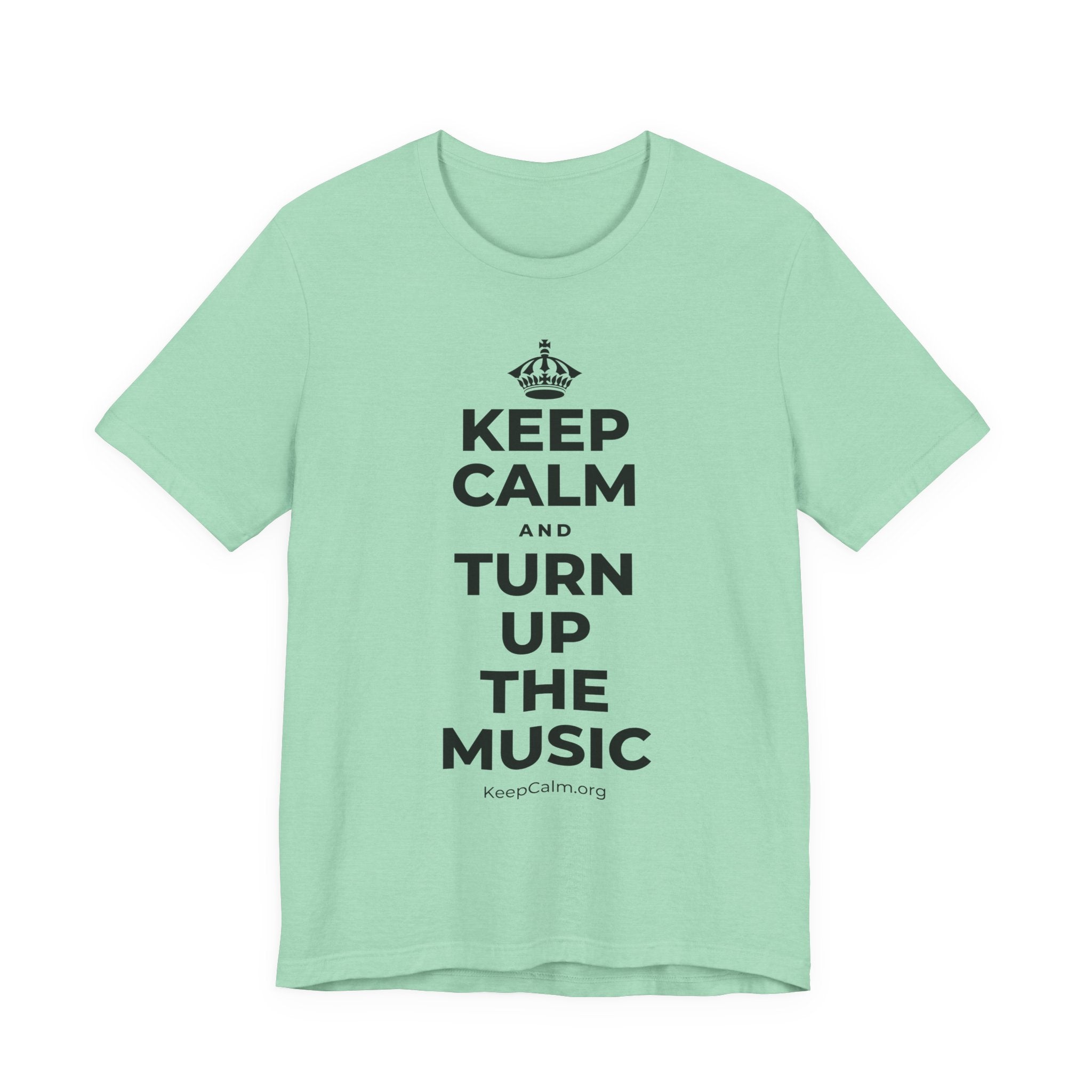KEEP CALM AND TURN UP THE MUSIC T-Shirt (Baby Blue–Silver)