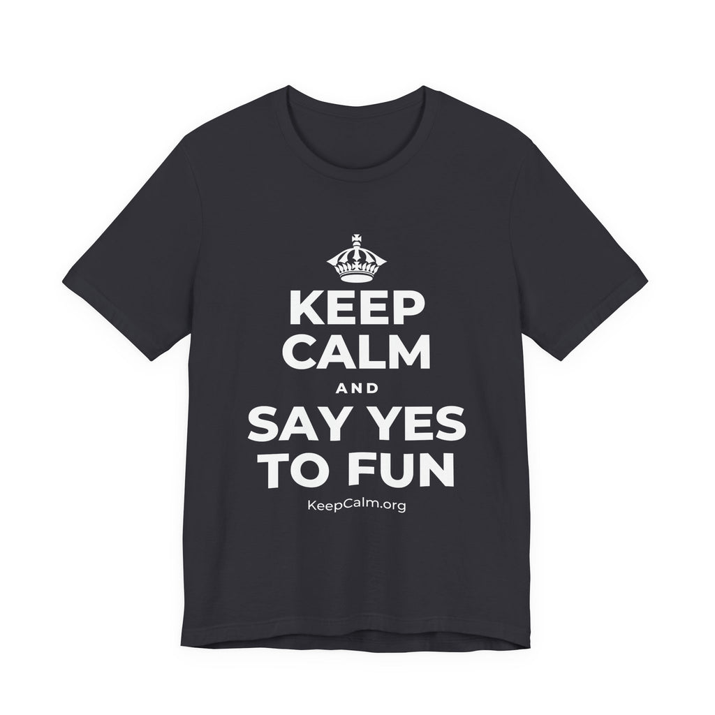 KEEP CALM AND SAY YES TO FUN T-Shirt (Baby Blue–Silver)