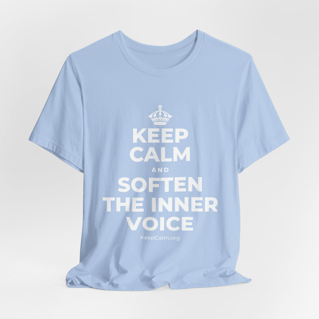 KEEP CALM AND SOFTEN THE INNER VOICE T-Shirt (Baby Blue–Silver)