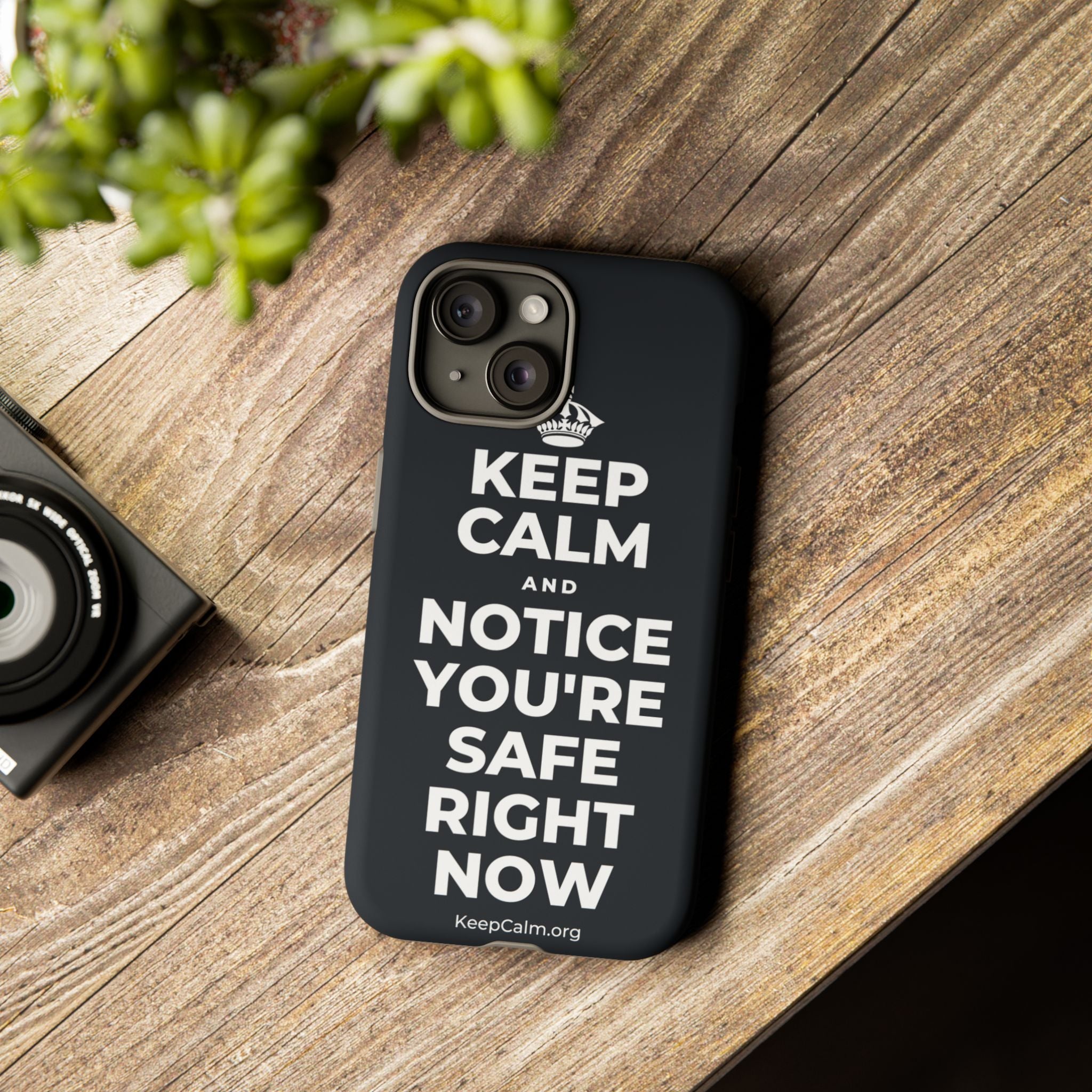 KEEP CALM AND NOTICE YOU'RE SAFE RIGHT NOW Phone Case (Dark)