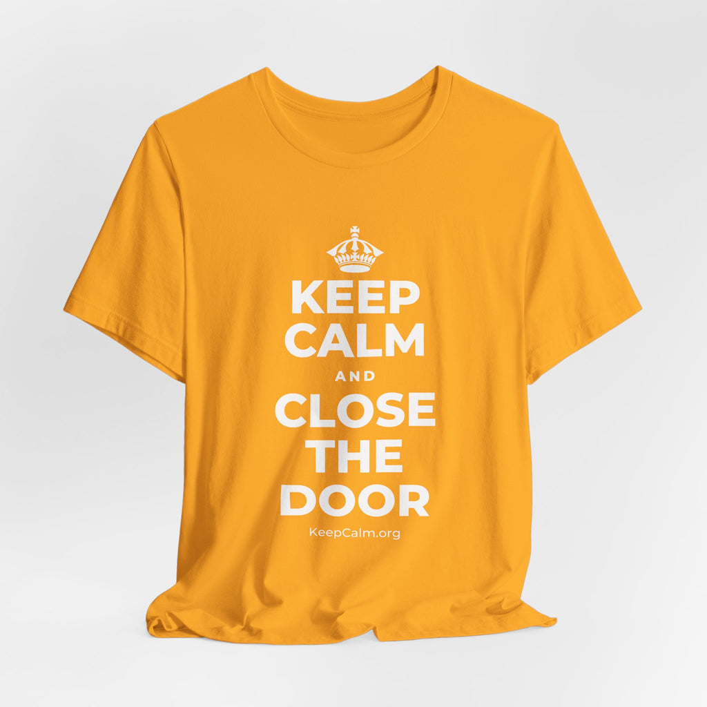 KEEP CALM AND CLOSE THE DOOR T-Shirt (Baby Blue–Silver)