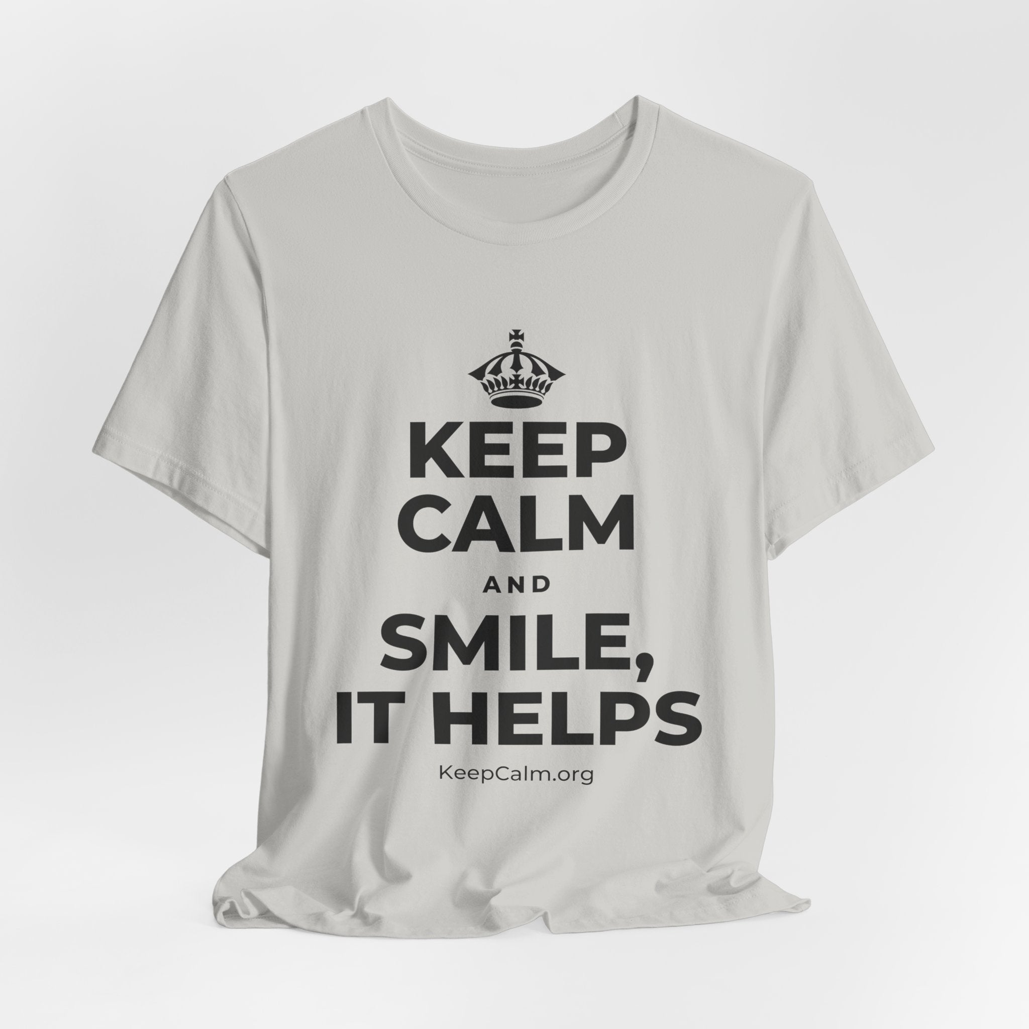 KEEP CALM AND SMILE, IT HELPS T-Shirt (Baby Blue–Silver)