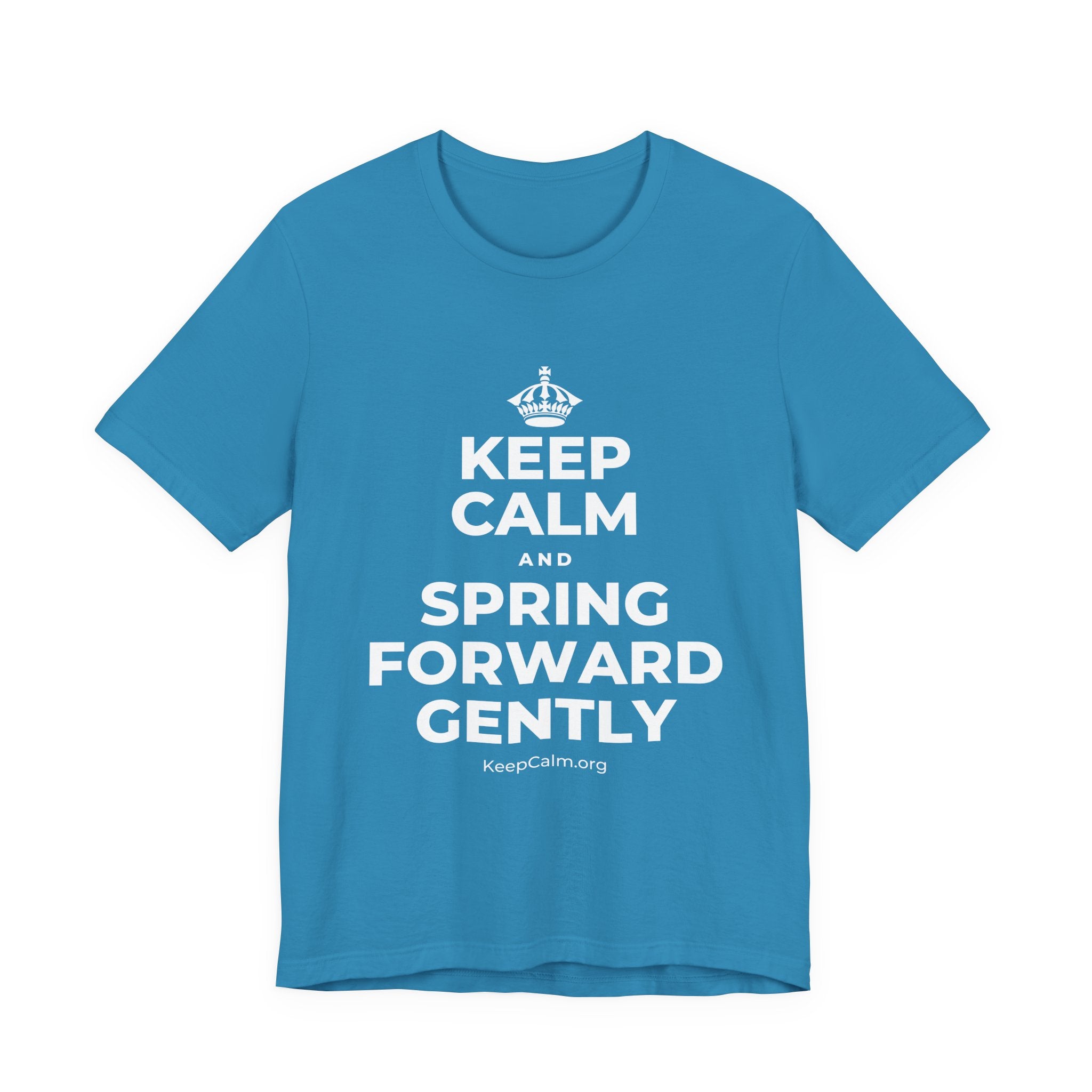 KEEP CALM AND SPRING FORWARD GENTLY T-Shirt (White–Asphalt)